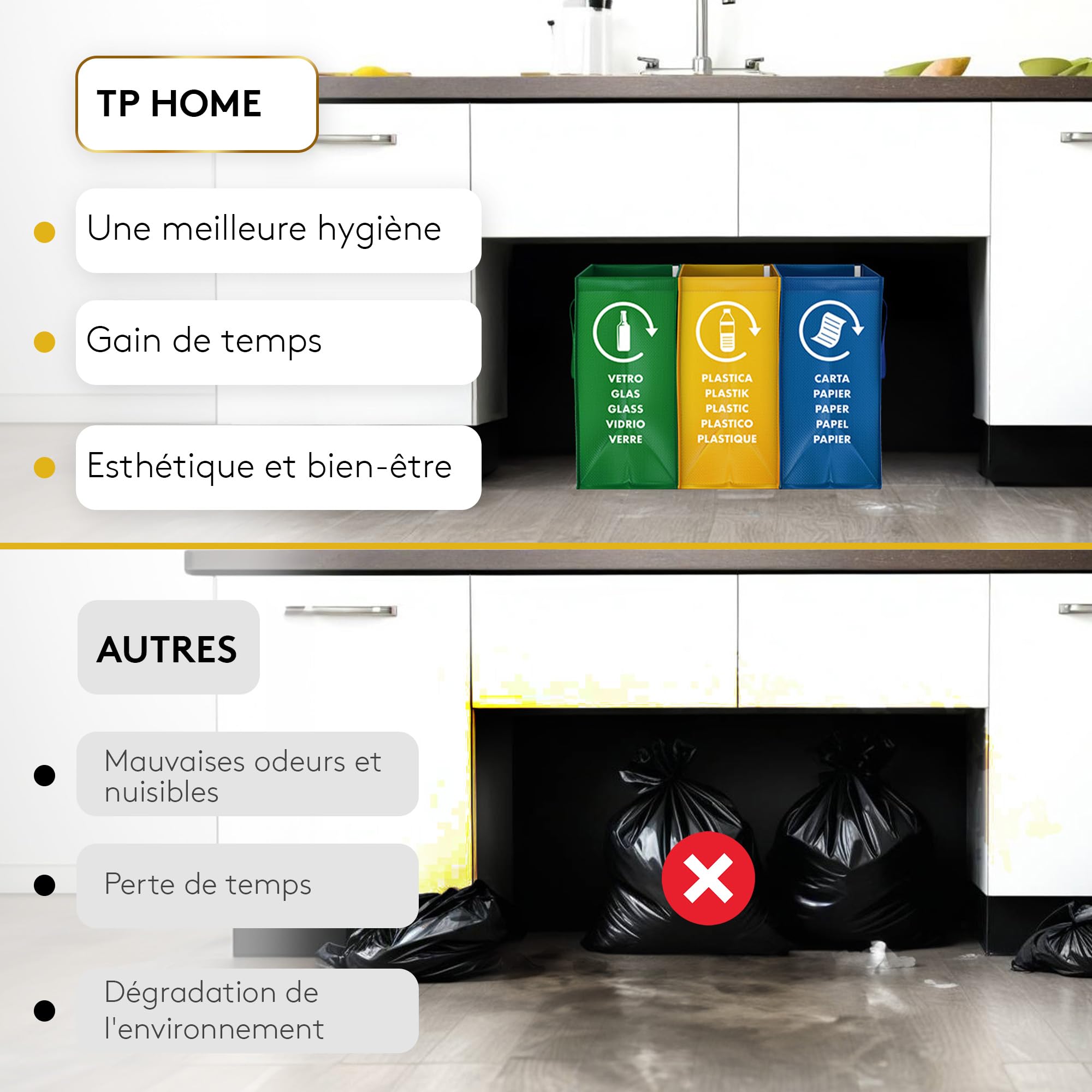Sac tri selectif - Poubelle tri selectif 3 bac pour le verre, le papier et le plastique - flexible poubelle de tri avec poignée - bac de tri pour déchets et recyclage
