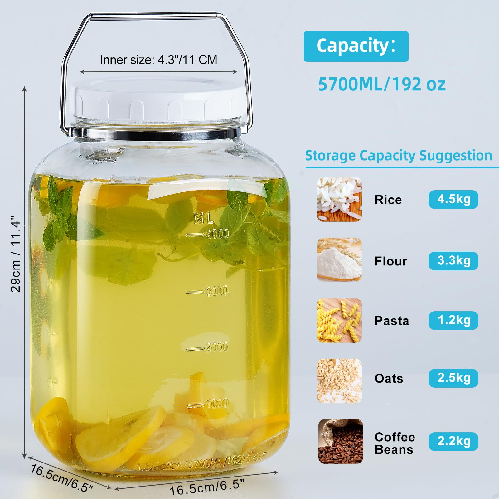 Absovetu Paquete de 2 tarros grandes de vidrio con tapa hermética de 5,7 litros, tarro cuadrado de almacenamiento de vidrio con asa de boca ancha para pasta, arroz, encurtidos, galletas, recipientes