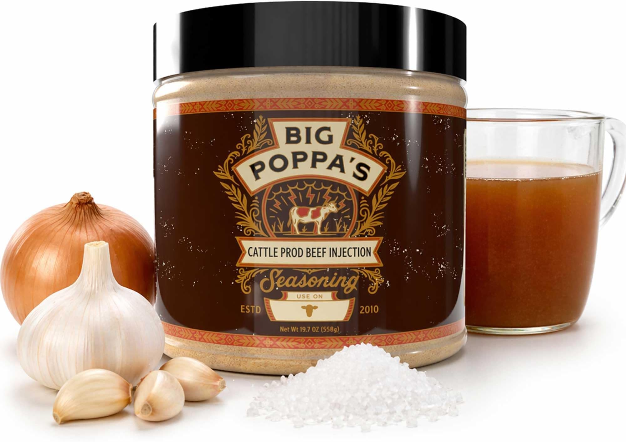 Big Poppaโs Cattle Prod Beef Injection โ Competition-Tuned BBQ Brisket Injection for Juicy, Consistent Meat โ Clean, Beef Marinade-Forward Blend for Ribs, and Steaks โ Easy-Mixing Formula (19.7 Oz)