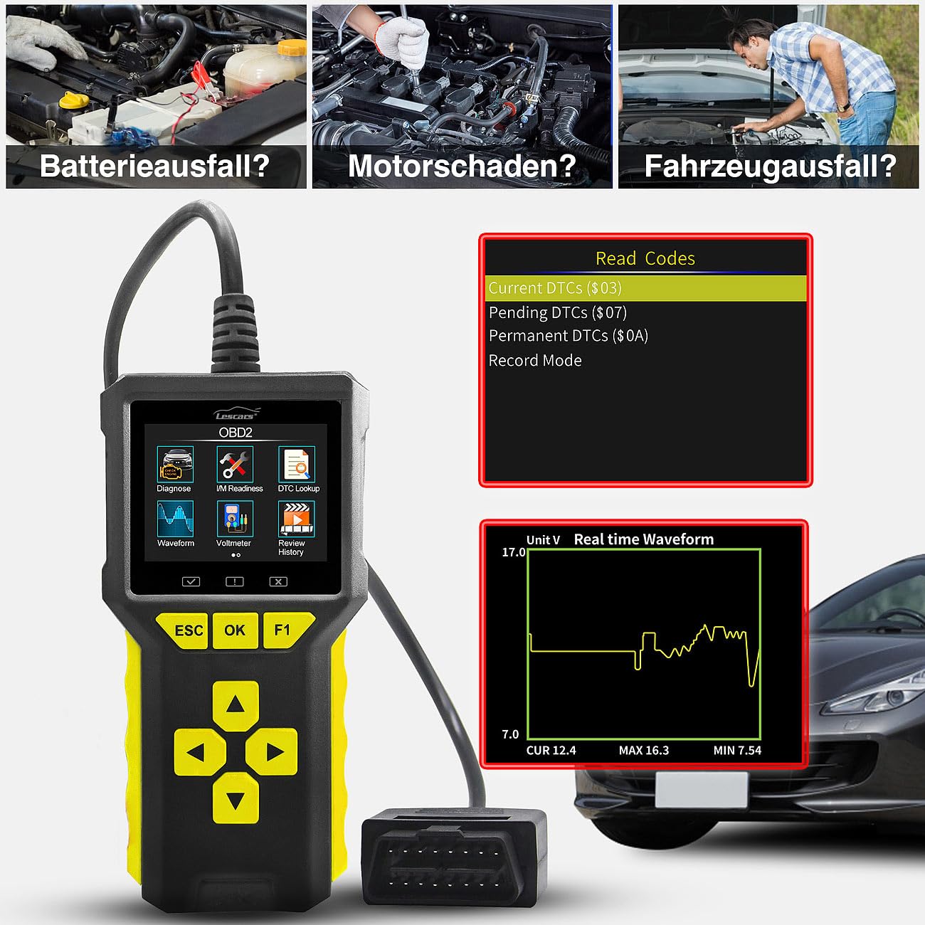 Lescars Diagnosegerät: Professioneller 2in1-OBD2-Scanner und Batterie-Tester, HD-Farbdisplay (OBD Diagnose, OBD2 Diagnosegerät, Auto)
