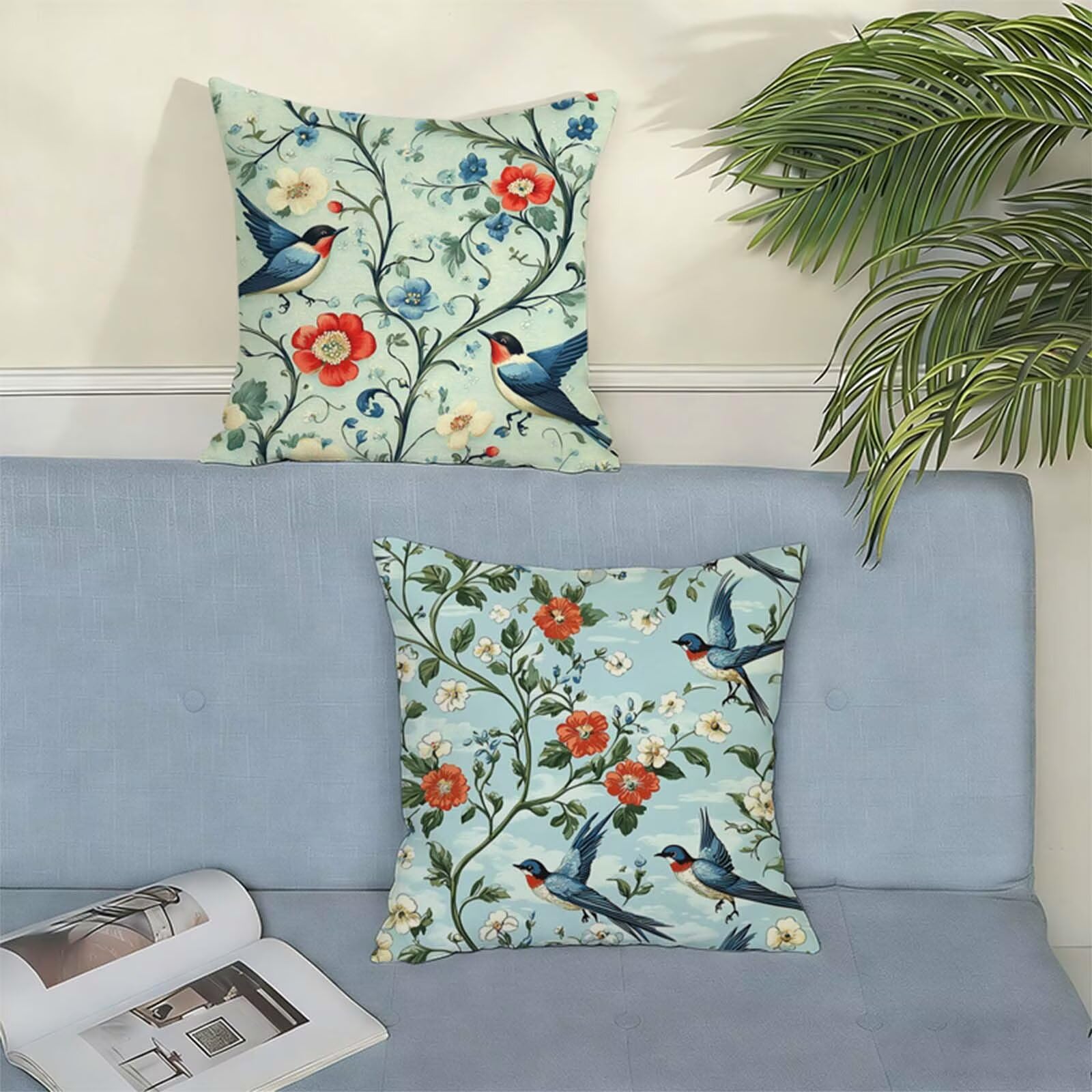 Juego de 2 Funda Cojin 80x80cm Azul, Cuadrada Impermeable Fundas Cojines Pájaro Lino Impresión a Doble Cara con Cremallera Oculta, Apto para Todas las Estaciones Funda Almohada para Sofá o Salón X-341