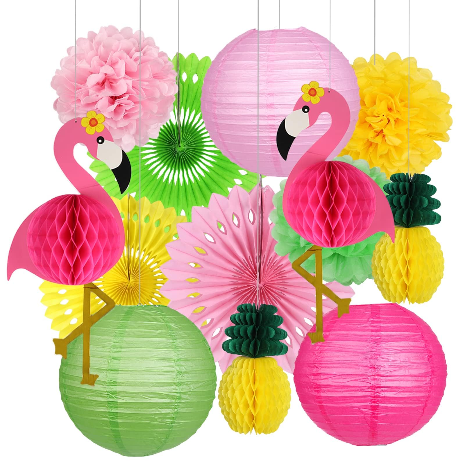 Decorazione Festa Hawaiana, 13 Pezzi Fenicottero Festa Decorazioni, Centrotavola Tropicale Hawaiano, con Ventagli di Carta, Lanterne, Fenicotteri e Ananas, per Compleanni e Matrimoni