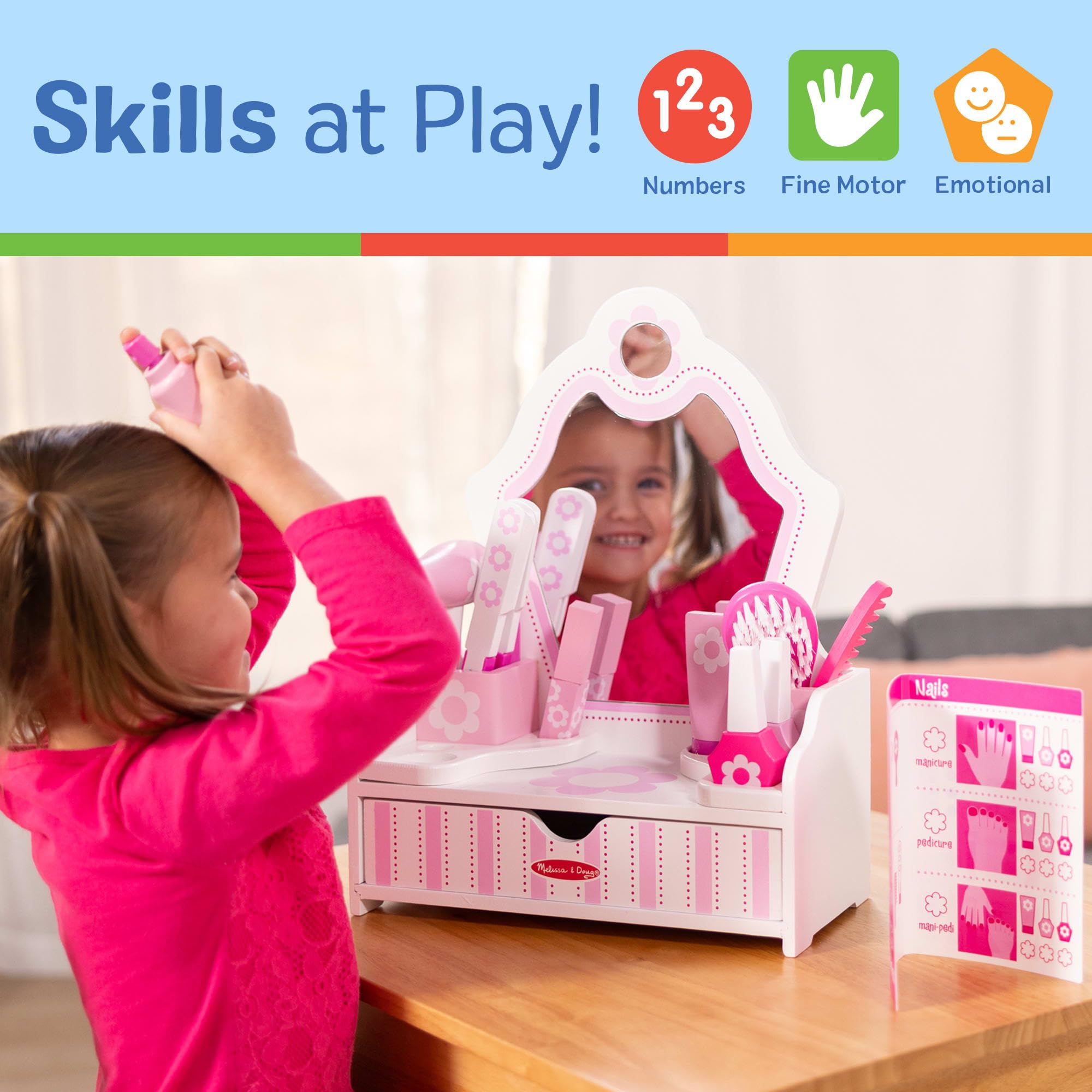 Melissa & Doug - Schönheitssalon Spielset aus Holz - 18-teiliges Set mit Schminktisch und Zubehör für fantasievolles Rollenspiel, kein echtes Make-up, für Kinder ab 3 Jahren