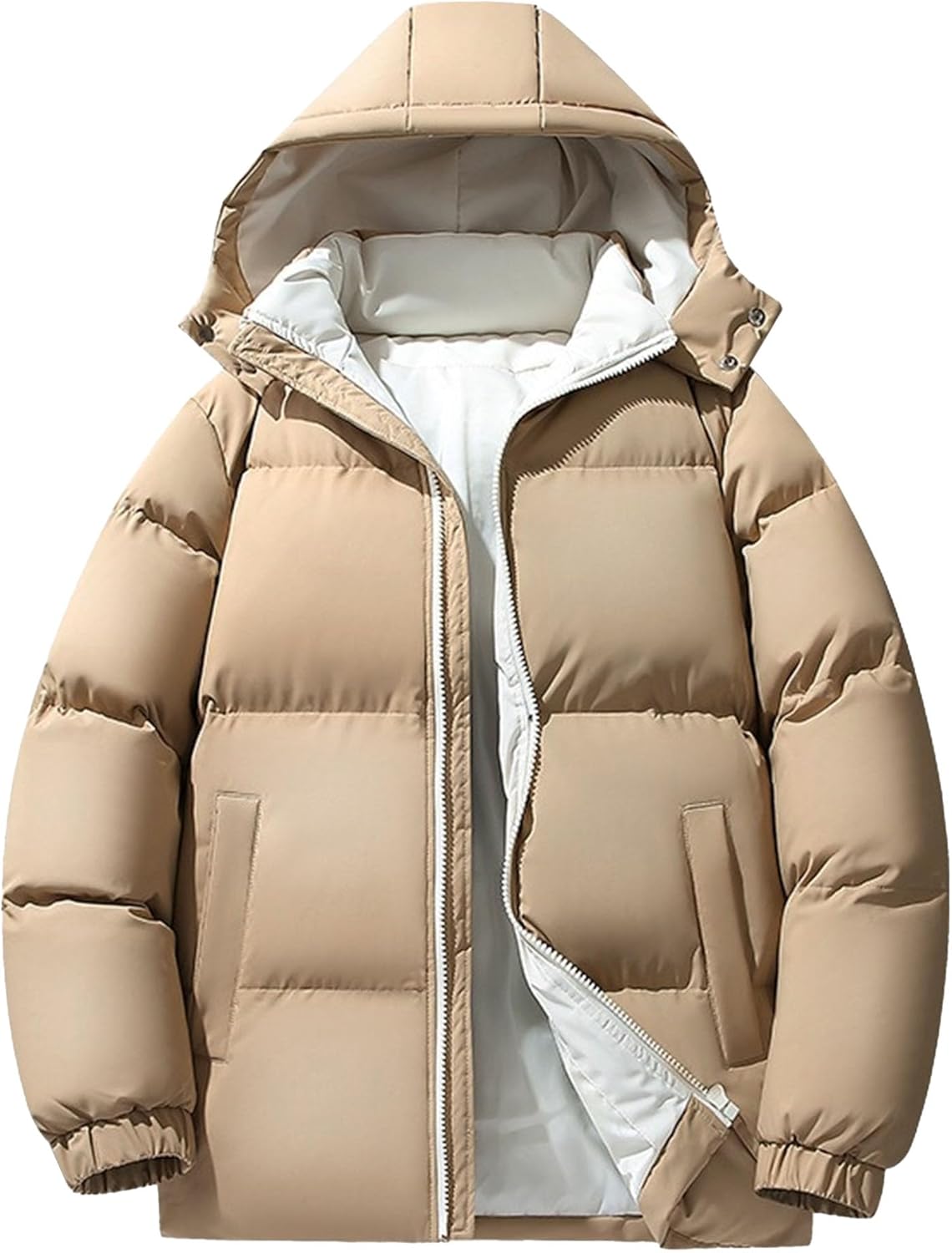 Men Cotton Padded Solid Puffer Jacket Couple Outdoor Zipper Hooded Down Outerwear Winter Leisure Vacation Down Coat