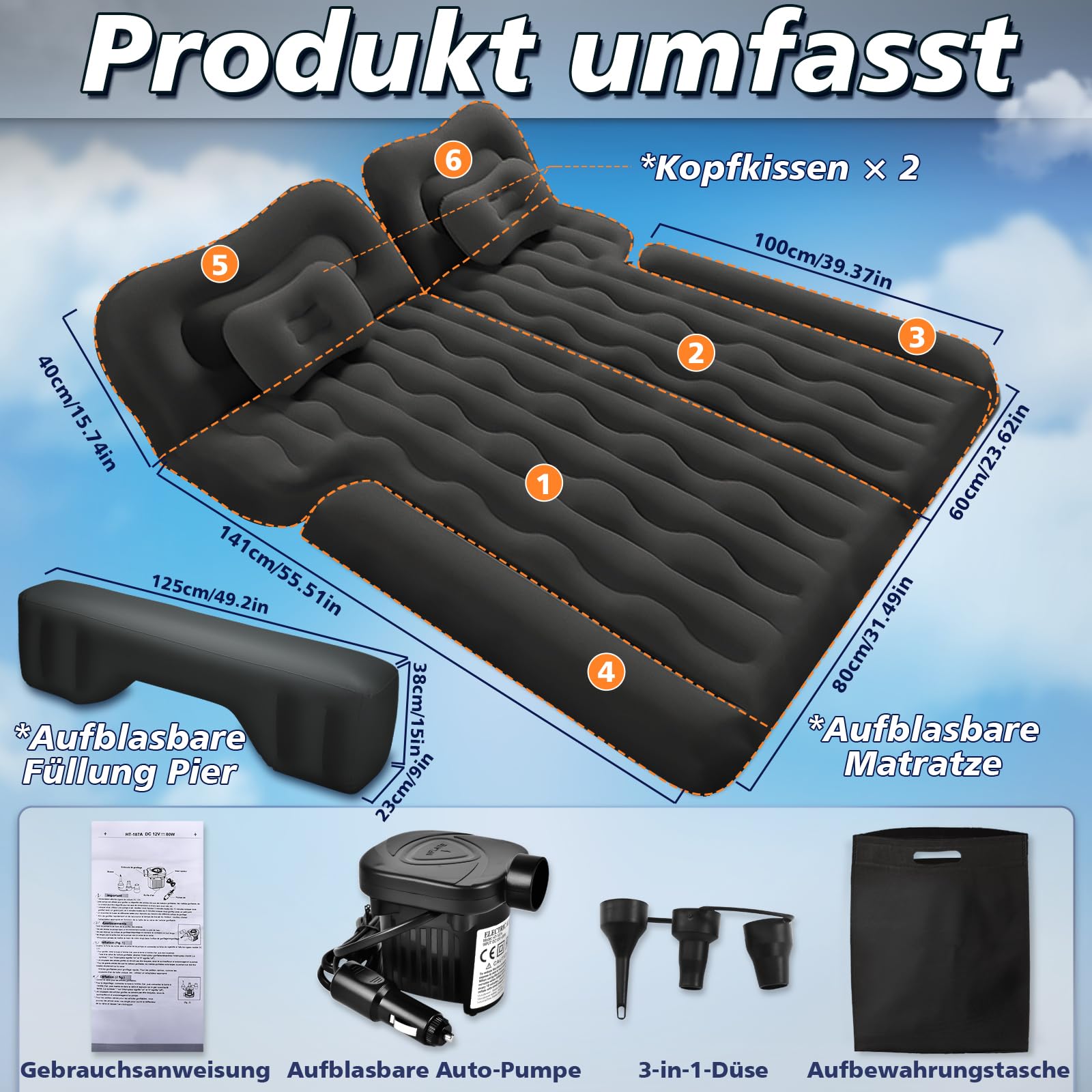 FORMIZON SUV Aufblasbare Matratze, 180 * 140cm Auto Luftmatratze, Aufblasbare Matratze Kofferraum mit Luftpumpe und 2 Kissen, Tragbare Doppelseitige Dickere Auto Bett für Reisen Camping Outdoor