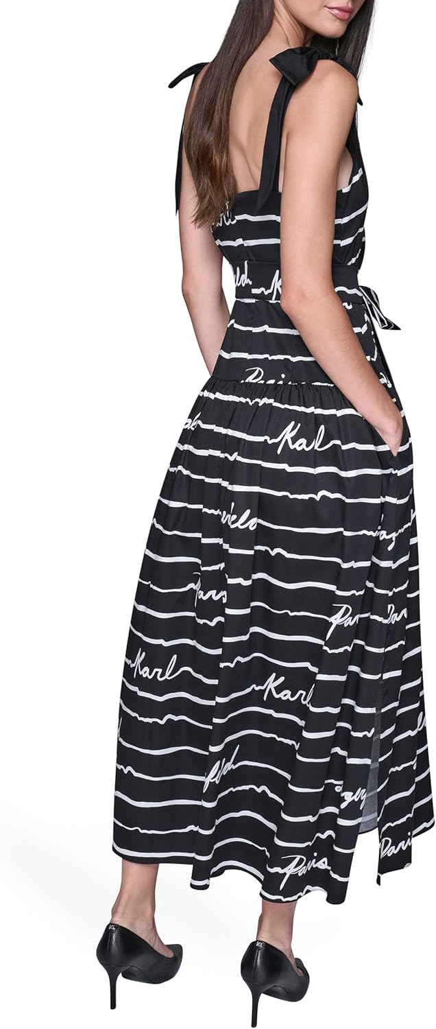 Karl Lagerfeld Women's Cotton Sateen Printed Belted Midi Dress with Bow Tie Straps - Image 4