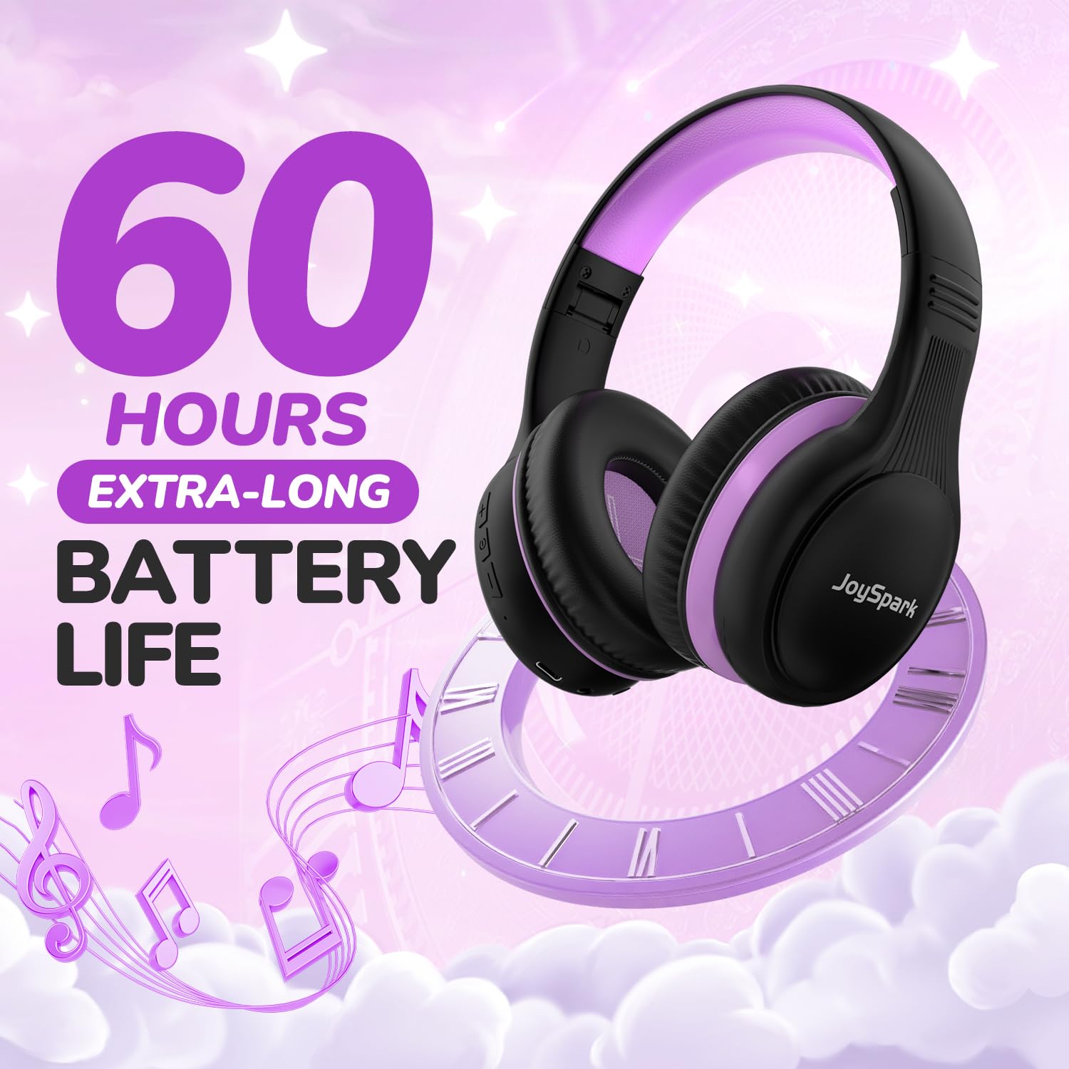 JoySpark Auriculares Bluetooth para niños, 60 horas de reproducción, Bluetooth 5.4, auriculares inalámbricos para niños, carga rápida tipo C, volumen limitado de 85/94 dB, auriculares inalámbricos