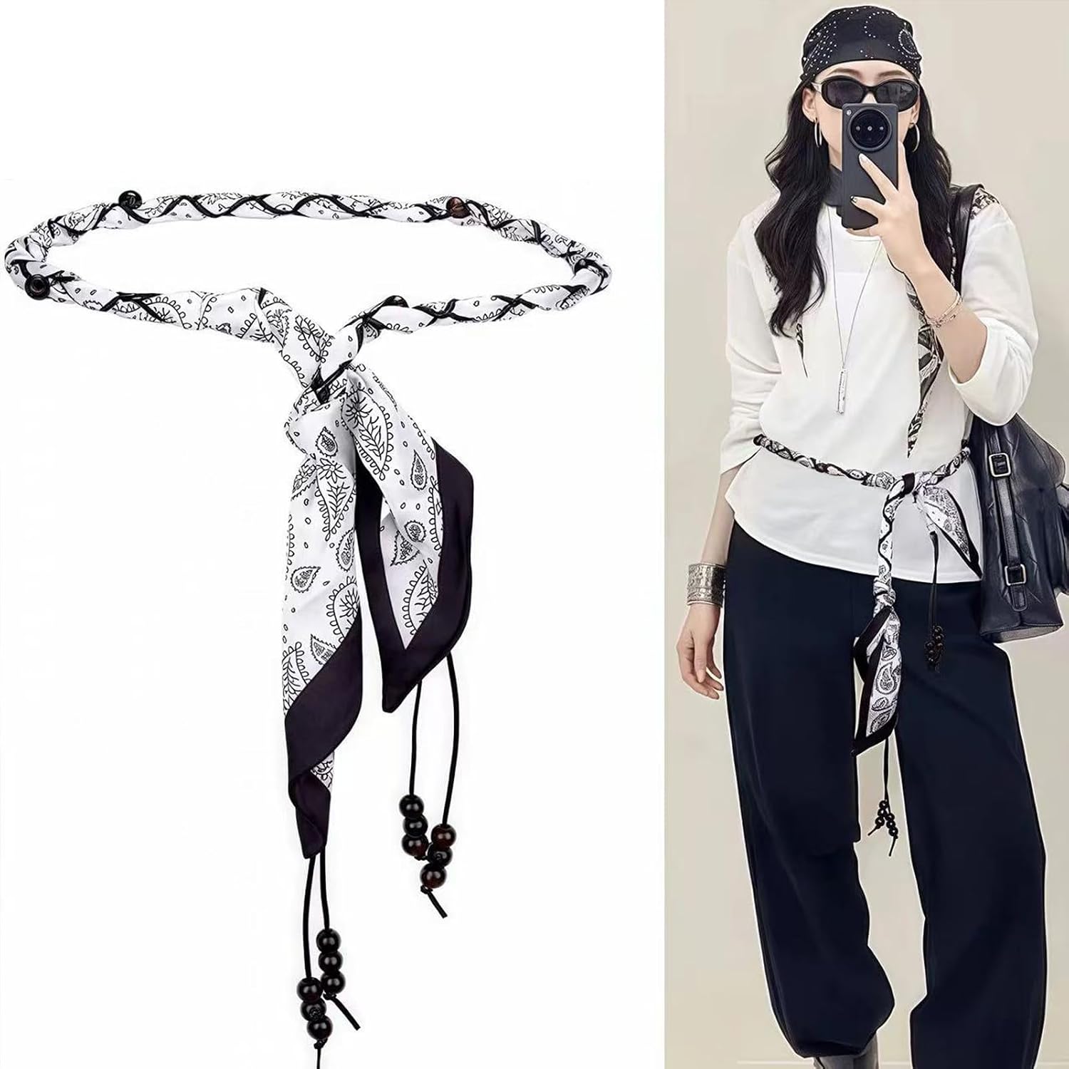 Rope Braided Belt Skinny Scarf Belt for Women Boho Beaded Tie Belts Long Tassel Waist Belts Renaissance Rope Belts