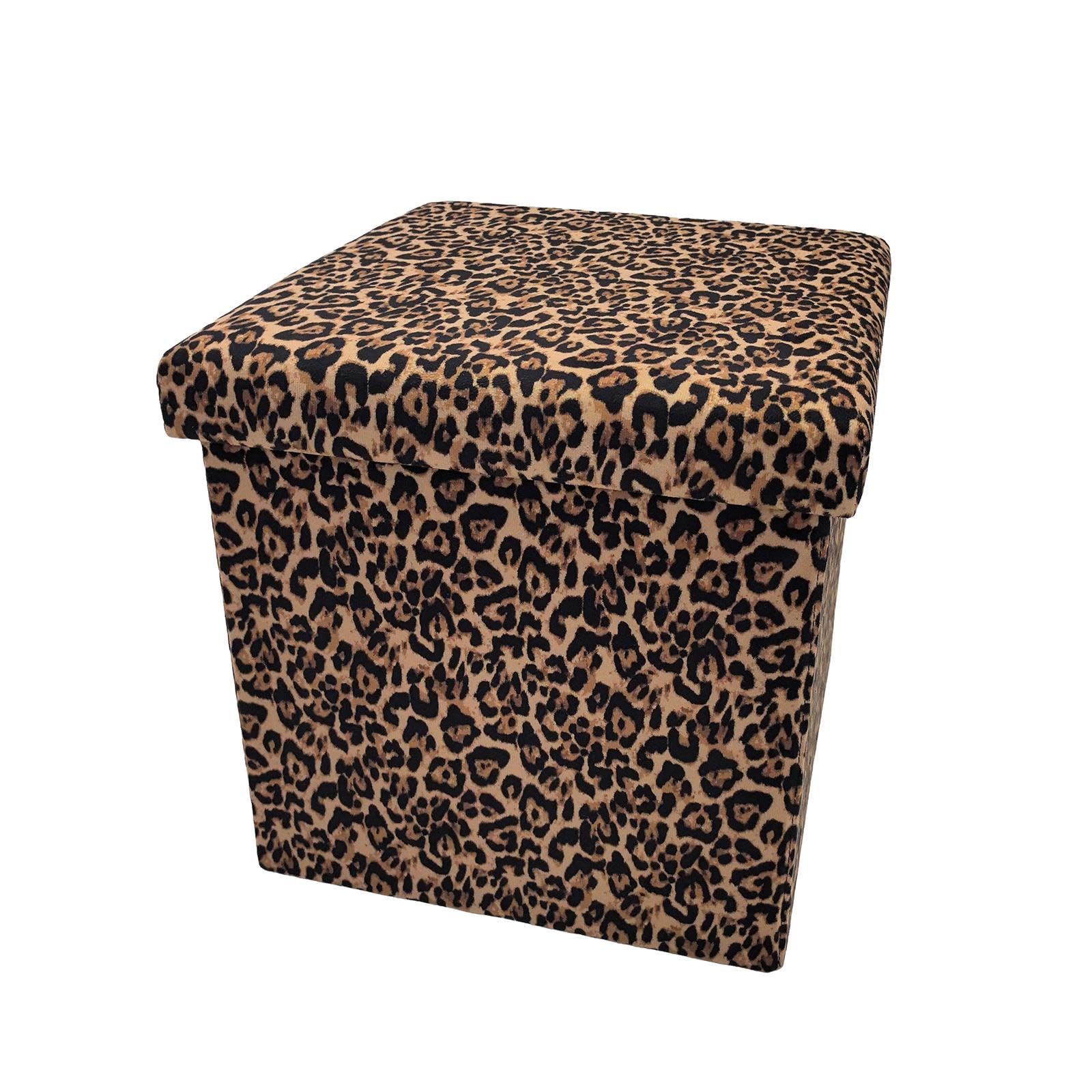 OHS Cube Ottoman Storage Box Matte Velvet Folding with Lid, Leopard Print — image 1