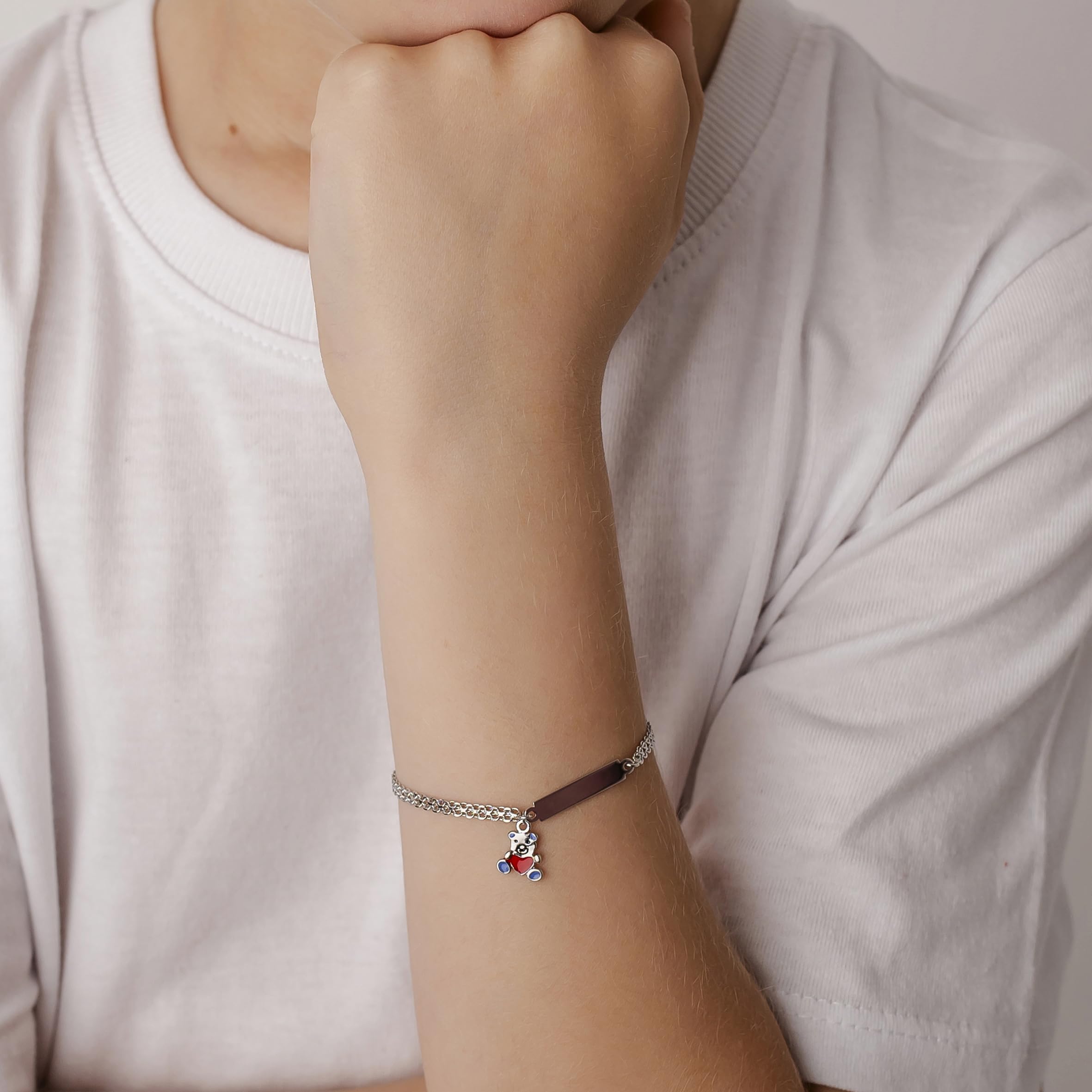 Armband aus 925er-Silber mit Namensschild und emailliertem Bär, Geschenkidee für Mädchen und Jungen, süßes Armband für Geburt, Taufe, Kommunion, Geburtstag