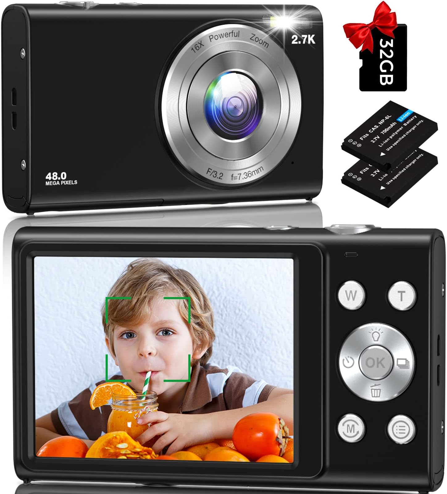 nezini Digital Camera, Autofocus Digital Camera HD 2.7K 48MP with 2.8" Large Screen, 16X Digital Zoom, Portable Mini Camera for Photography, Vlogging Camera for Kids,Beginnersï¼ˆBlackï¼‰