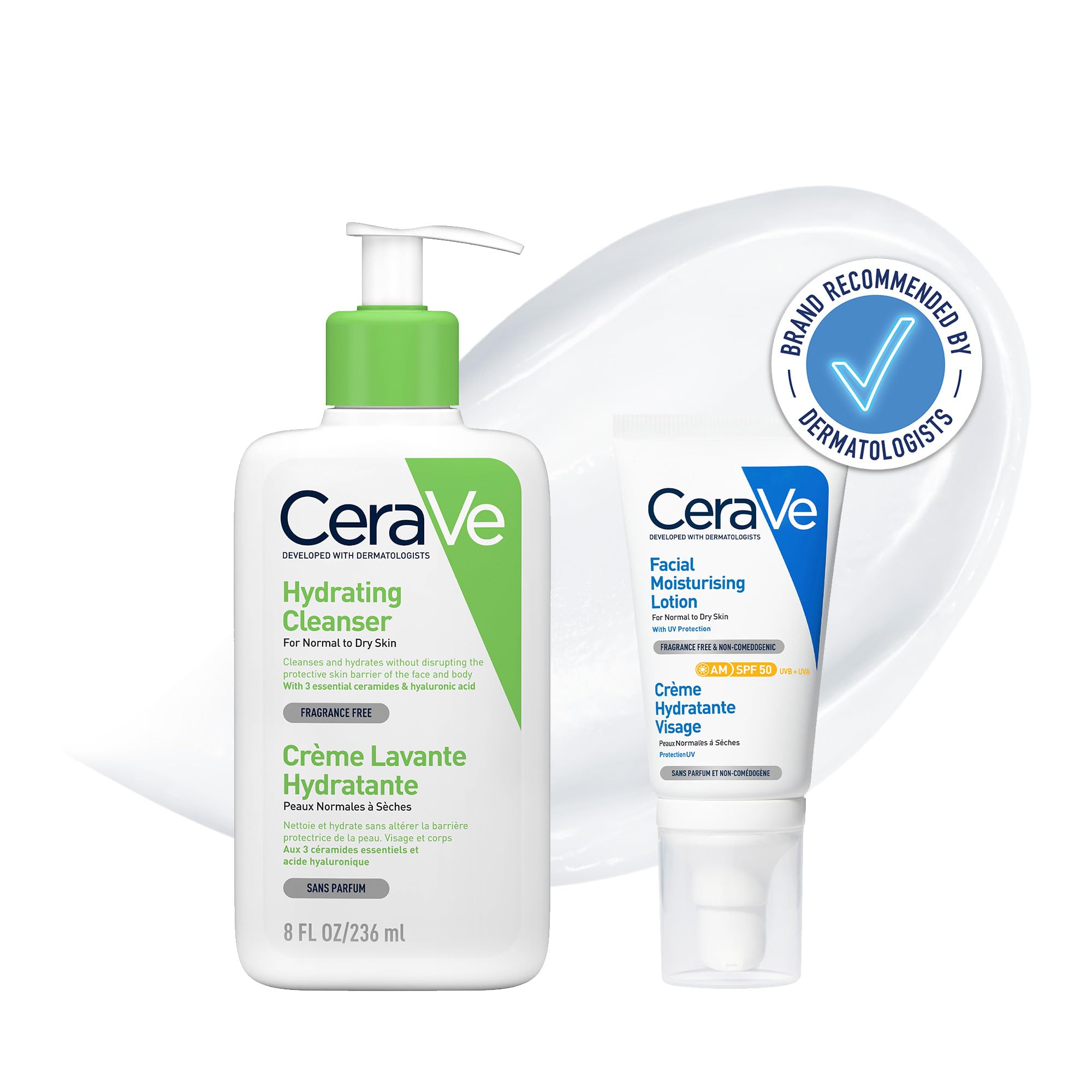 Morning Face Routine for Dry Skin, Hydrating Cleanser 236ml & AM Facial Moisturising Lotion SPF50 52ml