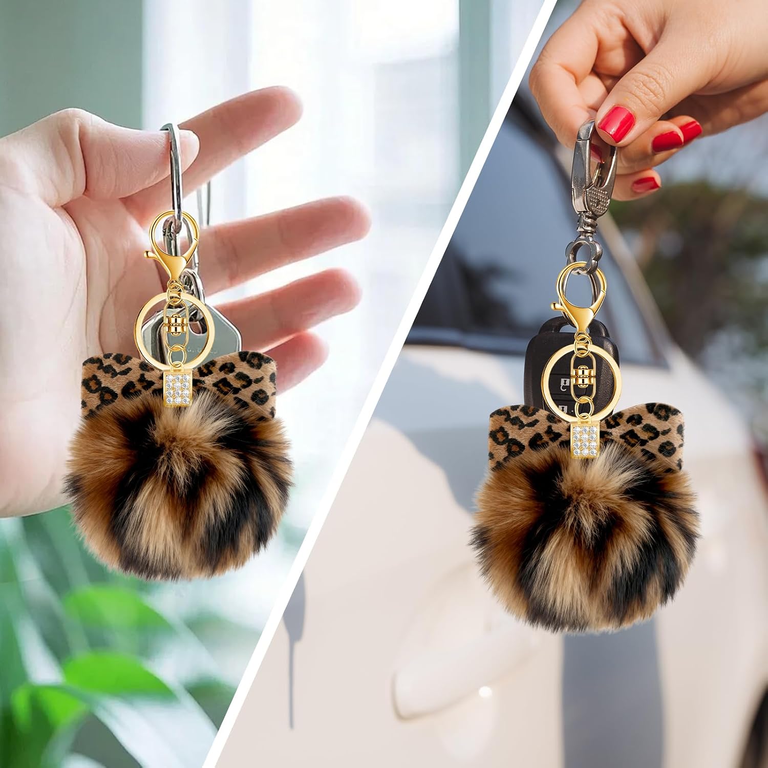 PLwelth Pom Pom Keychain for Women Girls Plush Bag Charms for Handbags Leopard Print Keyring for Car Keys Backpack Tote Bag