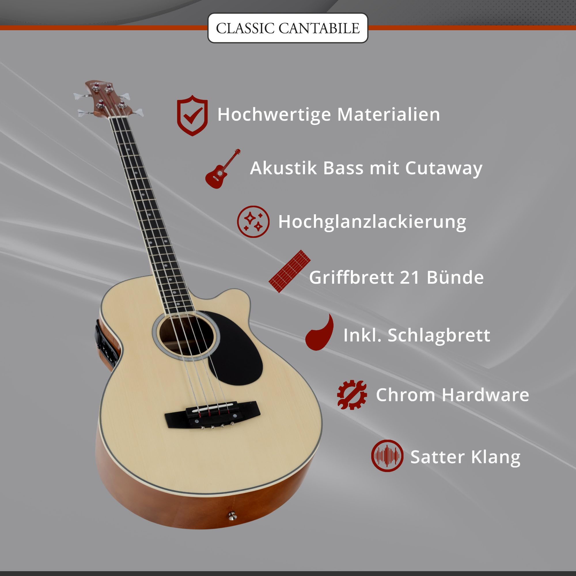 Classic Cantabile Short Scale Akustik Bass - 4 Saiten - Natural Gloss Finish - Piezo Tonabnehmer & Cutaway - Decke aus Fichte - Boden & Zarge aus Okoume - Ideal für Einsteiger & Unplugged Sessions