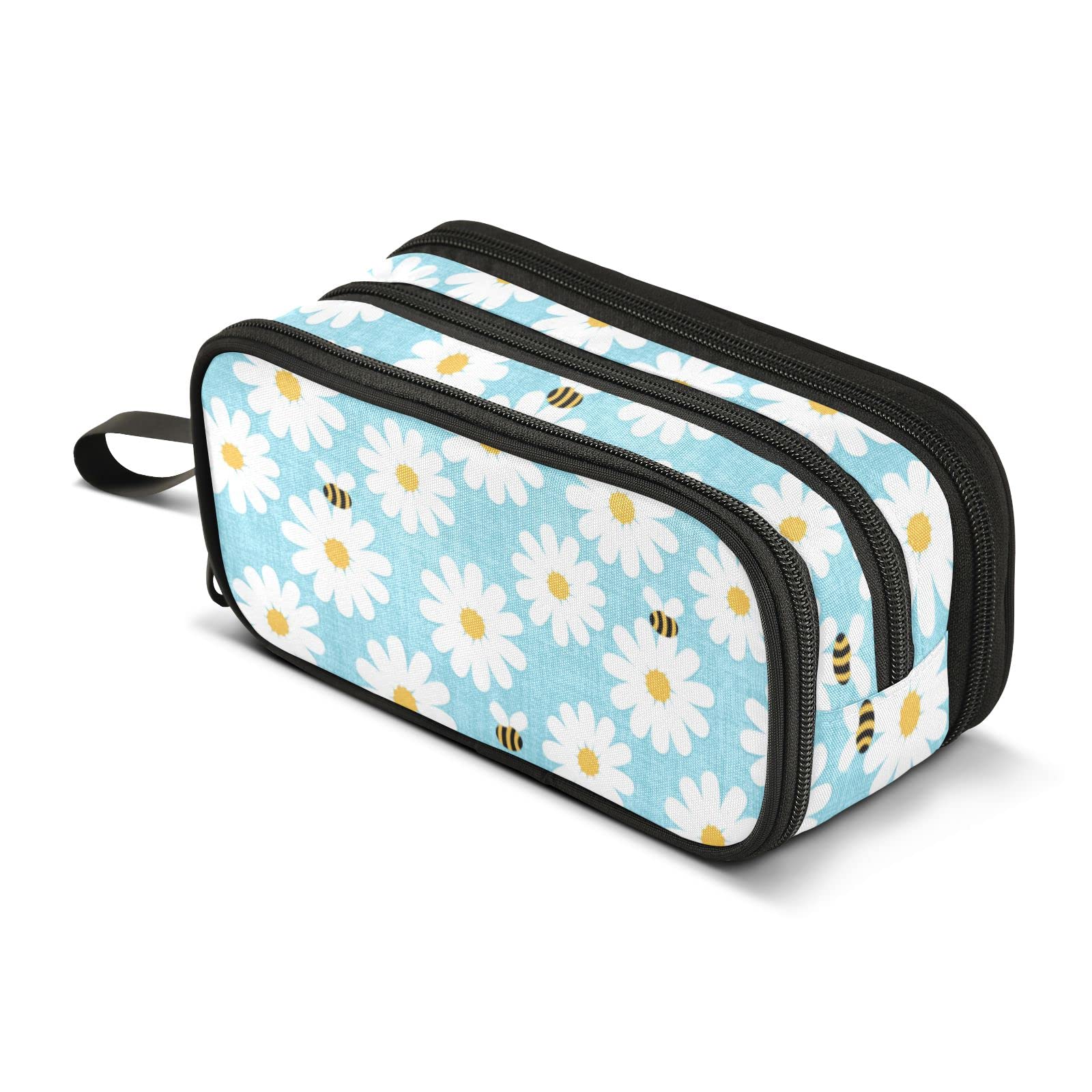 CHIFIGNO Daisy Flowers Cute Bees Blue High Capacity Pencil Pen Case Office College School Large Storage Pencil Bag Makeup Cosmetic Bag for Girls Adults Student