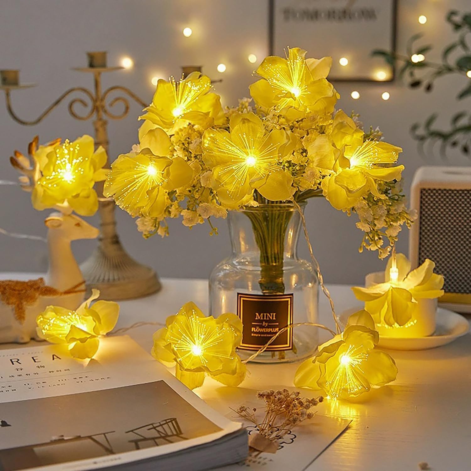 AMZSTAR Fiber Optic Flower String, Battery Powered LED Garland Lights Bedroom Fairy Lights for Indoor and Outdoor Wedding, Christmas, Garden, Party Decoration (Yellow, 9.8ft 20LED)