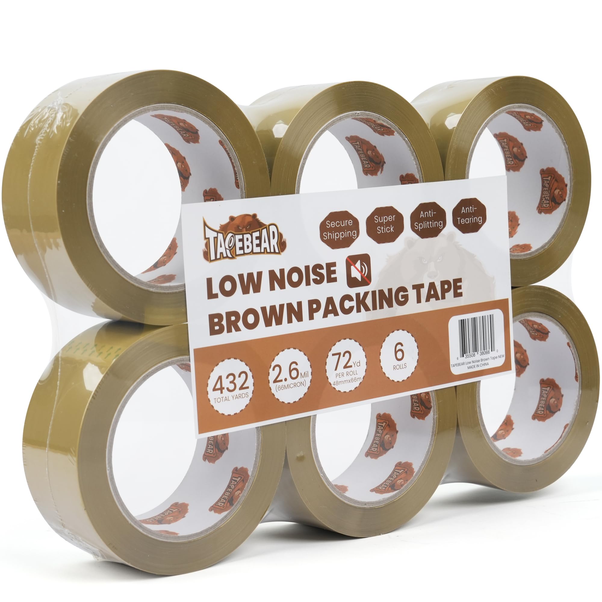 TAPEBEAR Brown Packing Tape, Low Noise, Heavy Duty 48mm x 66m, 6 Rolls for Moving House, 6Rolls