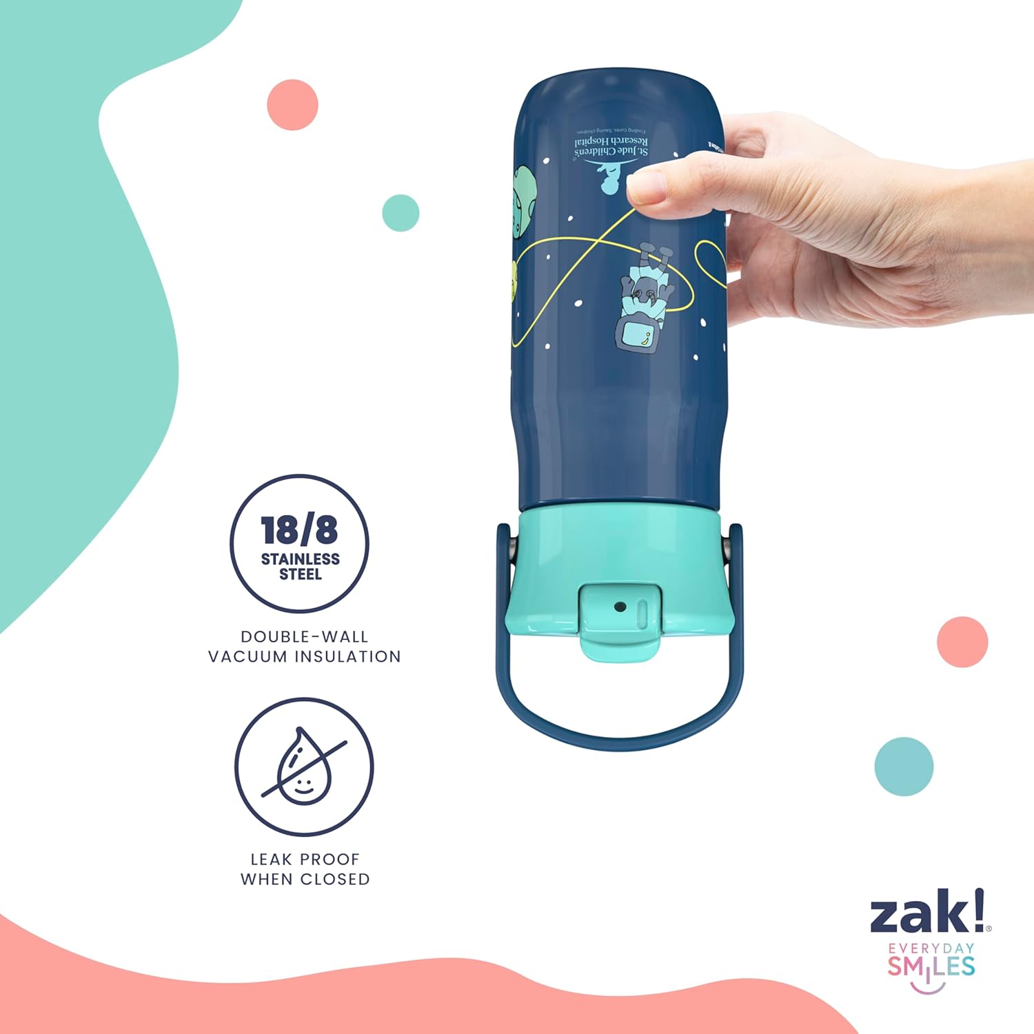 Zak Designs Harmony Kid Water Bottle Benefiting St. Jude, For Travel or At Home, 14oz Stainless Steel is Leak-Proof When Closed and Vacuum Insulated (Space) - Image 4