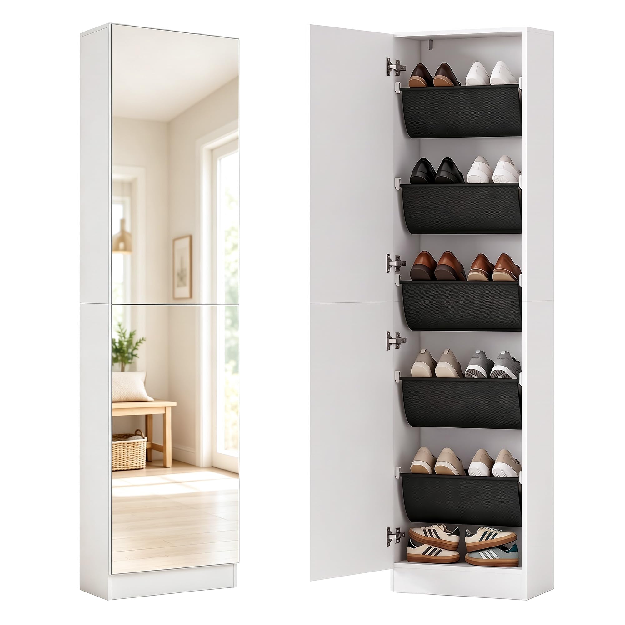 HOMCOM Schuhschrank mit Ganzkörperspiegel 12 Paar 50 x 20 x 180 cm Weiß