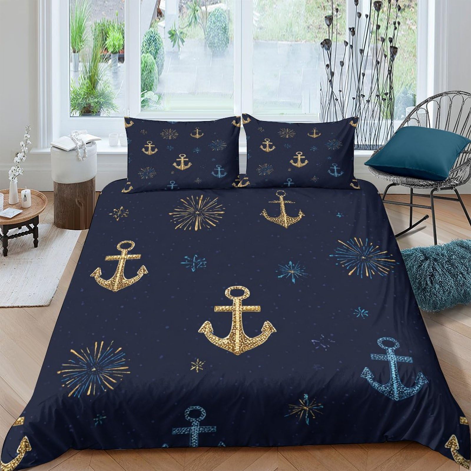 GPLZQXKJNH 3D Printed Navy Anchor Duvet Cover Microfiber Soft Breathable Nautical Compass Bedding Set with 2 Pillowcases for Bedroom Decor Single（135x200cm）
