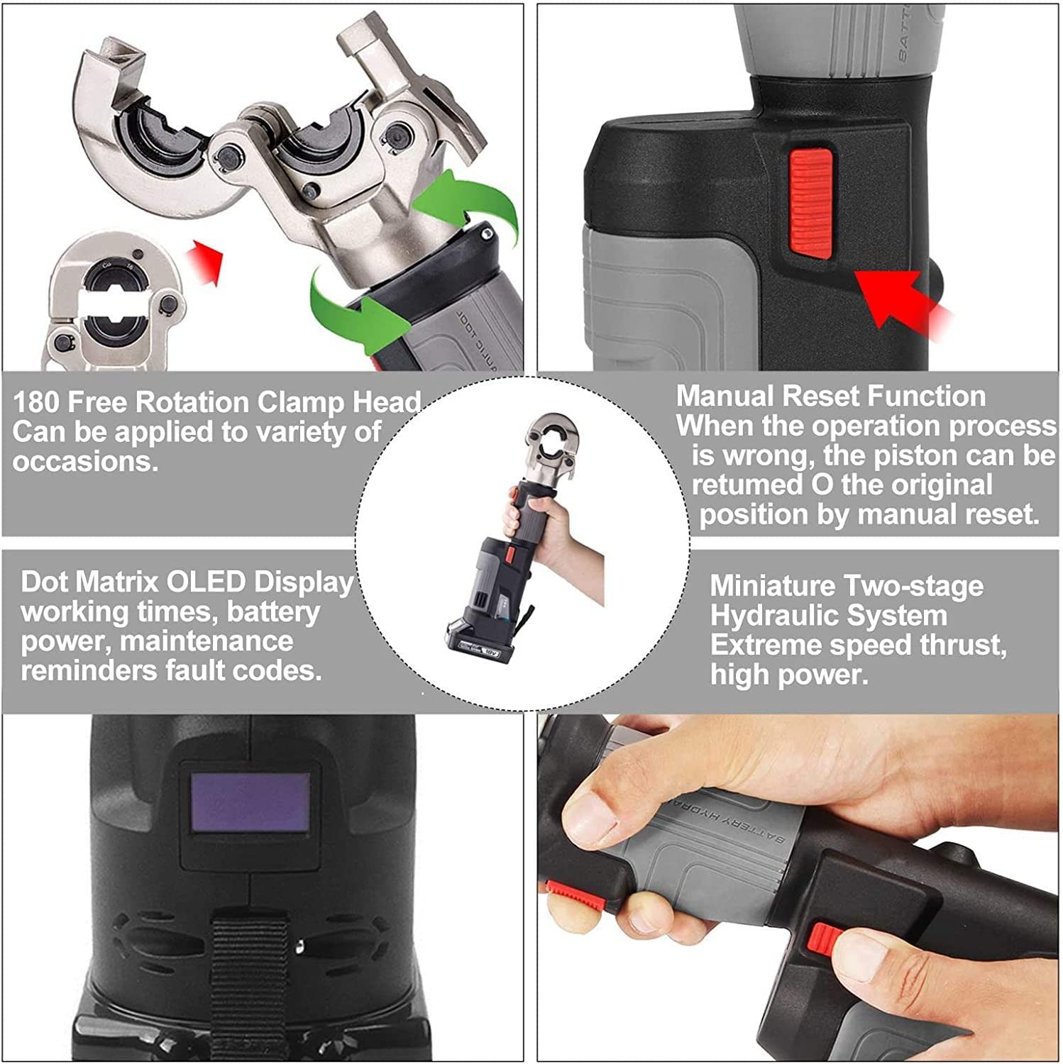 TAHALI Pinza crimpatrice elettrica idraulica, crimpatrice idraulica Ricaricabile per terminali in Rame e Alluminio, con Batteria da 1,5 Ah, Campo di crimpatura 16-300 mm²