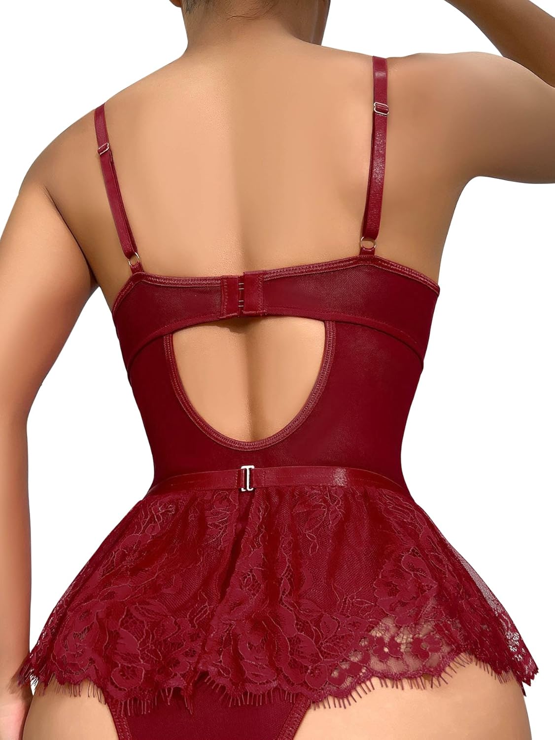 Lilosy Sexy Stocking Rhinestones Heart Garter Underwire Floral Mesh lace Sheer Babydoll Lingerie Teddy Bodysuit Skirt Set - Image 2