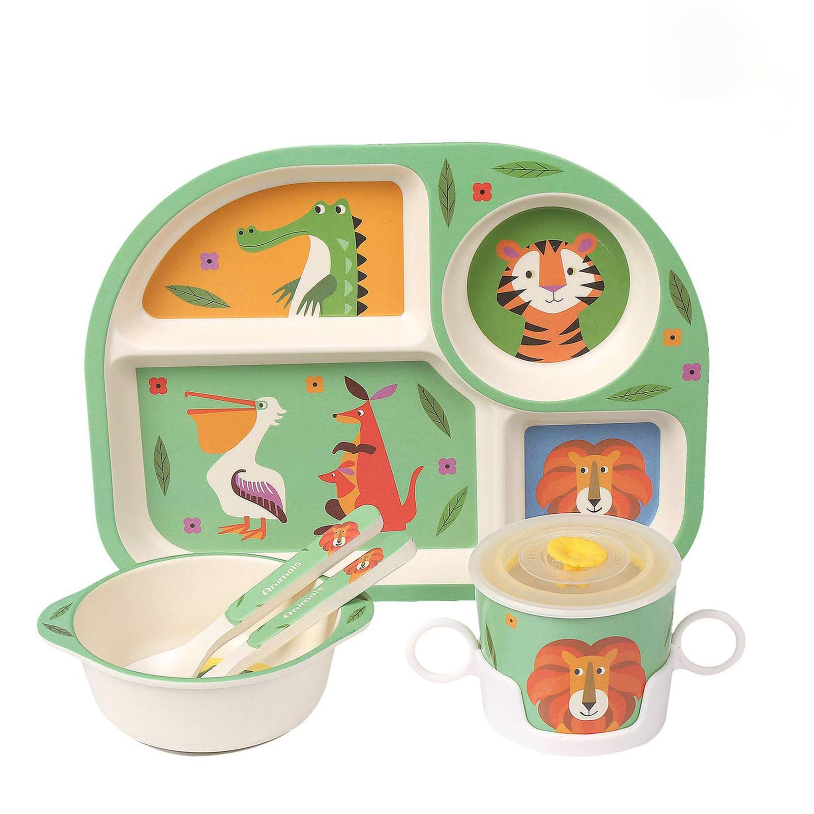 AieSHOP 5Pcs/Set Bamboo Kids Dinnerware Set - Children Dishes - Food Plate Bowl Cup Spoon Fork Set Dishware, Cartoon Tableware, Dishwasher Safe Kids Healthy Mealtime, BPA Free,zoo
