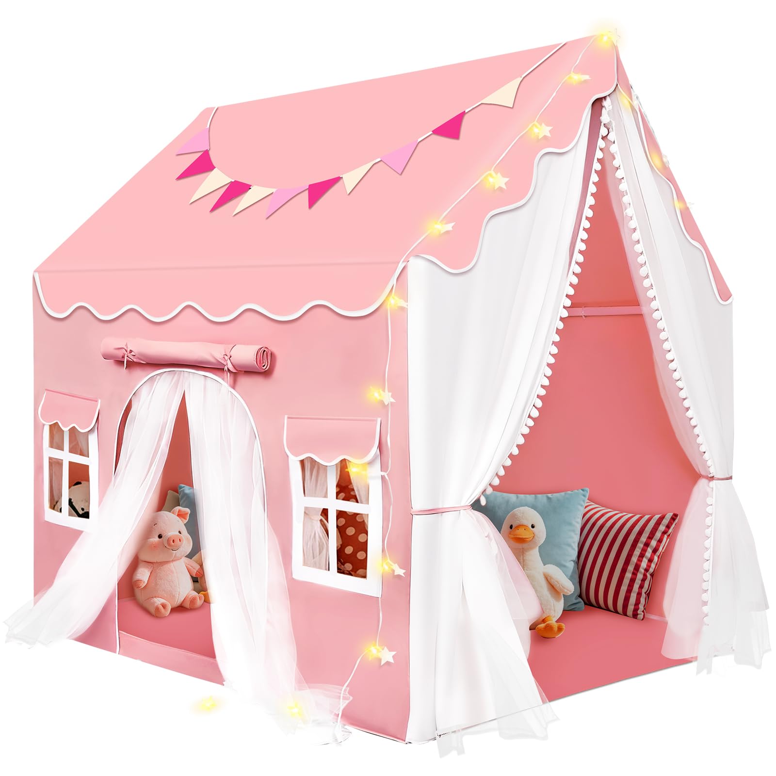 Herenear 2 IN 1 Tenda per Bambini Cameretta, Tenda da Gioco con 2 Porte per Interni Esterni con Finestre, Luci LED e Bandierine, Tenda Letto Casetta Tenda per Bambini Regalo (Rosa)
