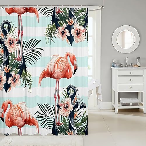 Miniatura 2 de Manfei Cortinas de ducha con ancla náutica, flamenco, hibisco, hojas de palma, cortinas de baño impermeables con 12 ganchos, trajes para bañera,