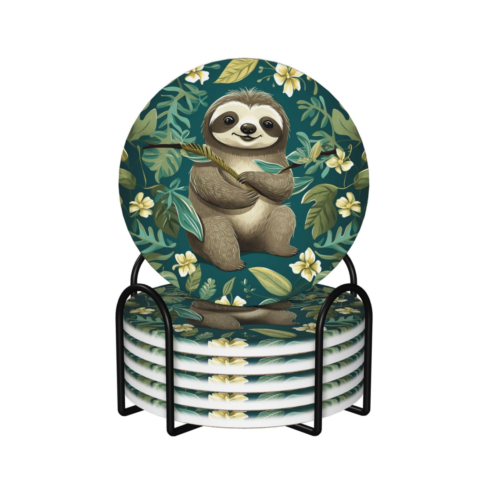 6Pcs Ceramics Coaster for Drinks, Adorable Sloth Cup Coasters with Holder, Aesthetic Drink Coasters for Coffee Table, Absorbent Round Coaster for Tabletop Protection 4" Cup Mat Pad