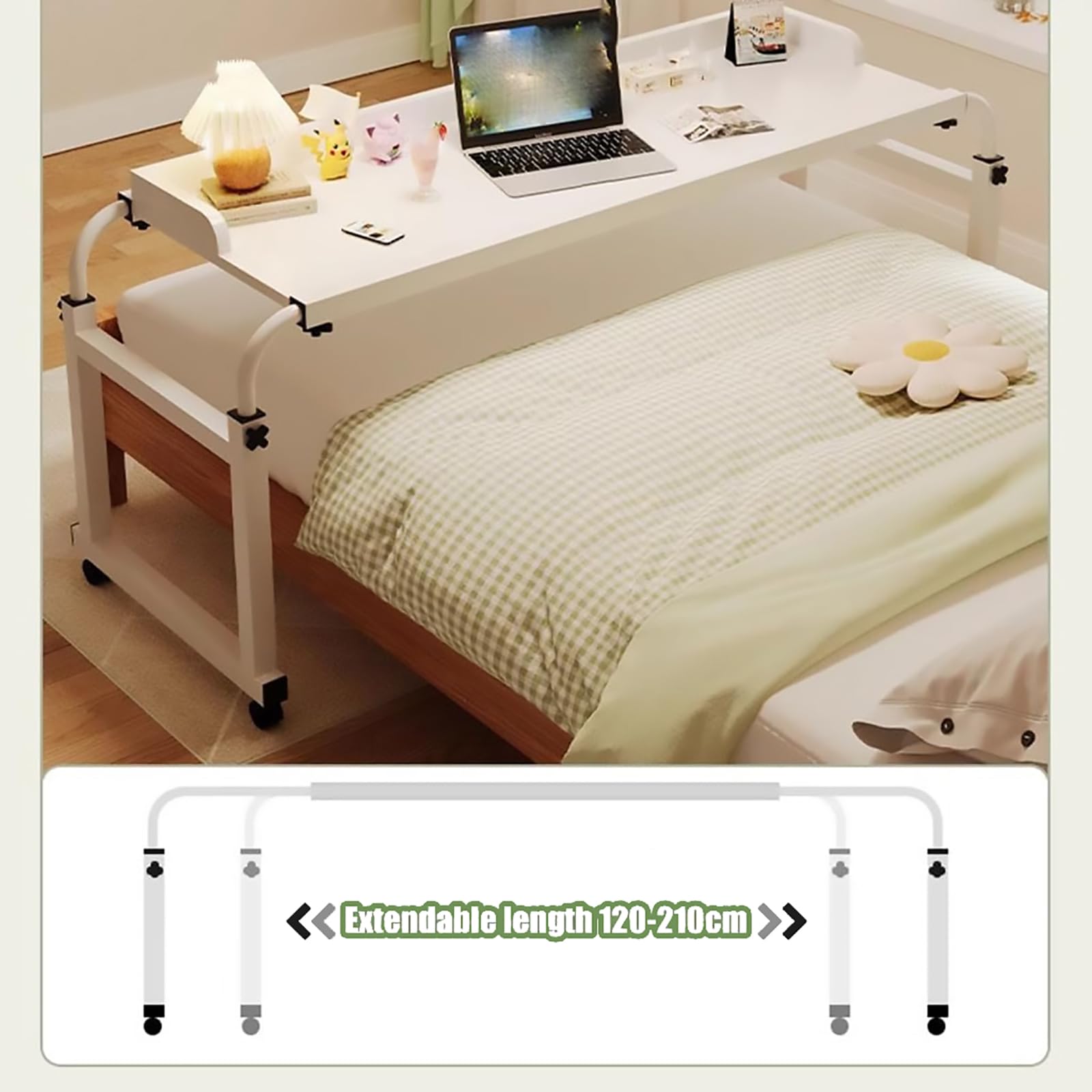 Mobile Over Bed King Queen - Mesa para computadora portátil de longitud y altura ajustables, mesa ajustable con ruedas para comer en la cama