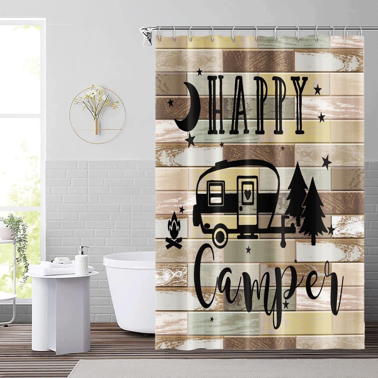 DORCEV 48x72inch Happy Camper RV Shower Curtain for Travel Trailers Vintage Farmhouse Bathroom Camping Theme Shower Curtains Set RV Restroom