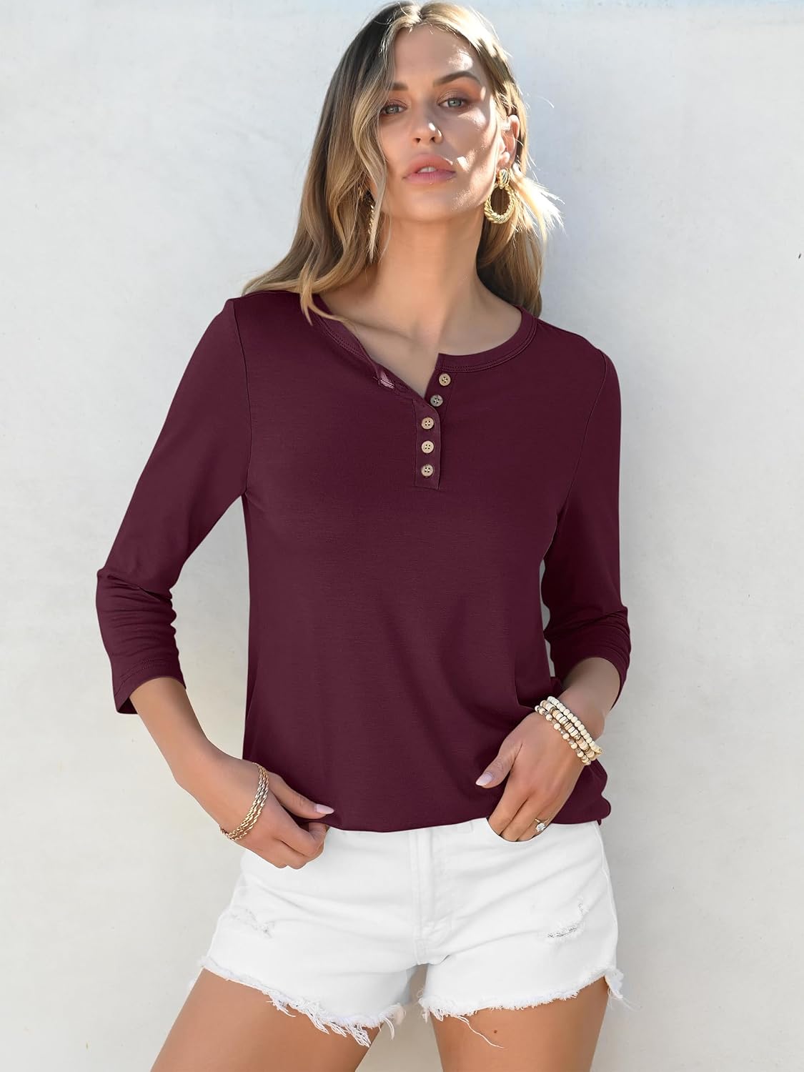 ANRABESS Womens 3/4 Sleeve Tops Henley Shirts Casual Trendy Button T Shirts 2026 Summer Basic Tunic