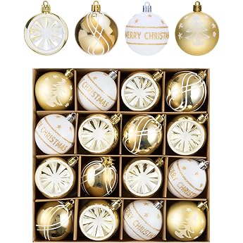 Christmas Baubles Christmas Tree Baubles Christmas Tree Decorations 6 cm Pack of 16 White Gold Plastic Shatterproof Hanging Christmas Tree Decoration Christmas Tree Decorations