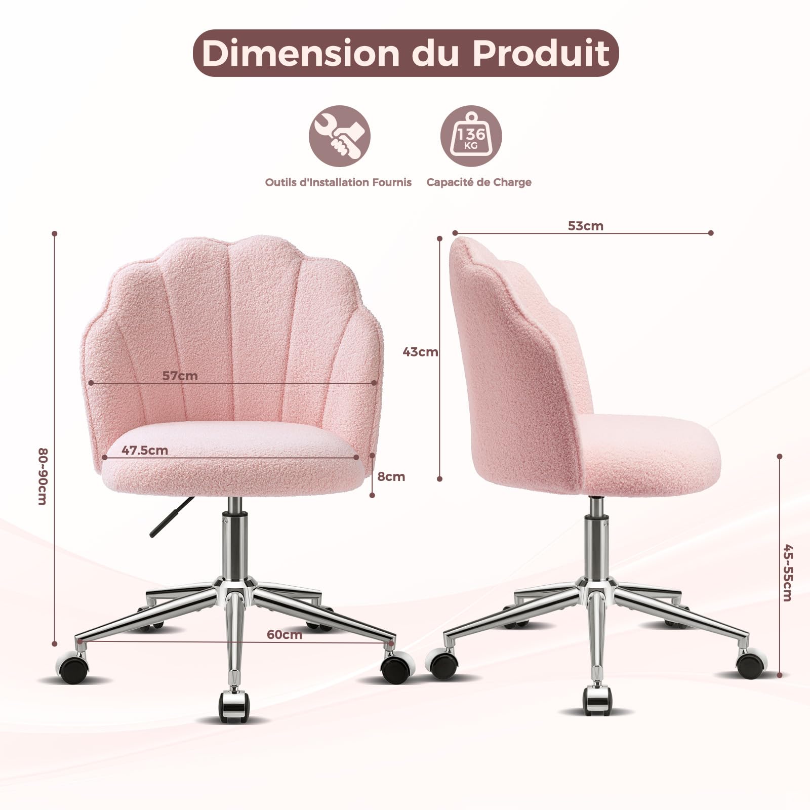 Chaise Coiffeuse Chambre, Chaise Pivotante à Roulette‌ pour Fille, Siege de Bureau Confortable, Montage Facile, Rose