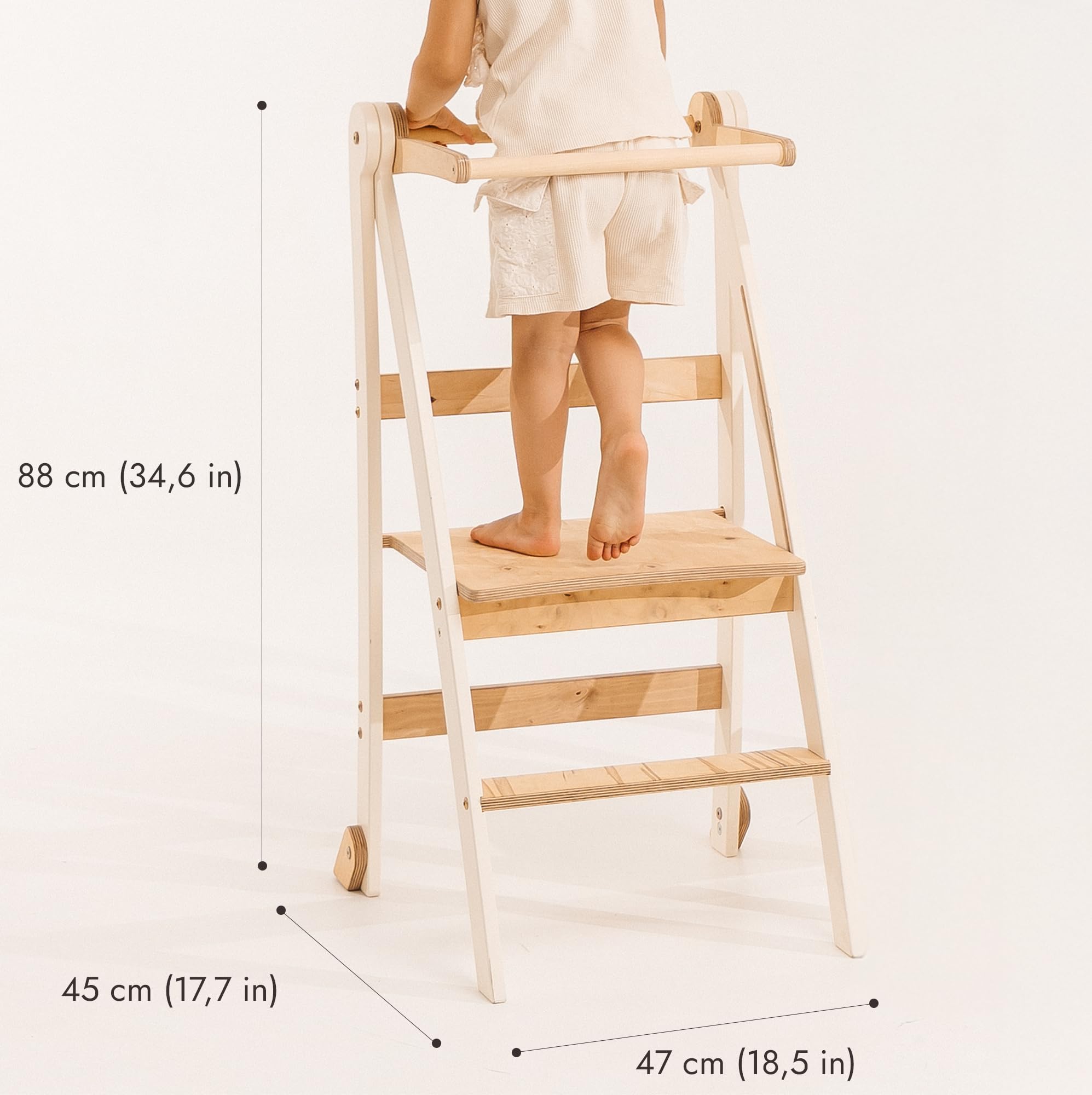 Montessori Learning Tower de madera – Torre de aprendizaje plegable para niños – Ahorro de espacio – Antideslizante – Taburete para cocina y baño – Diseño delgado