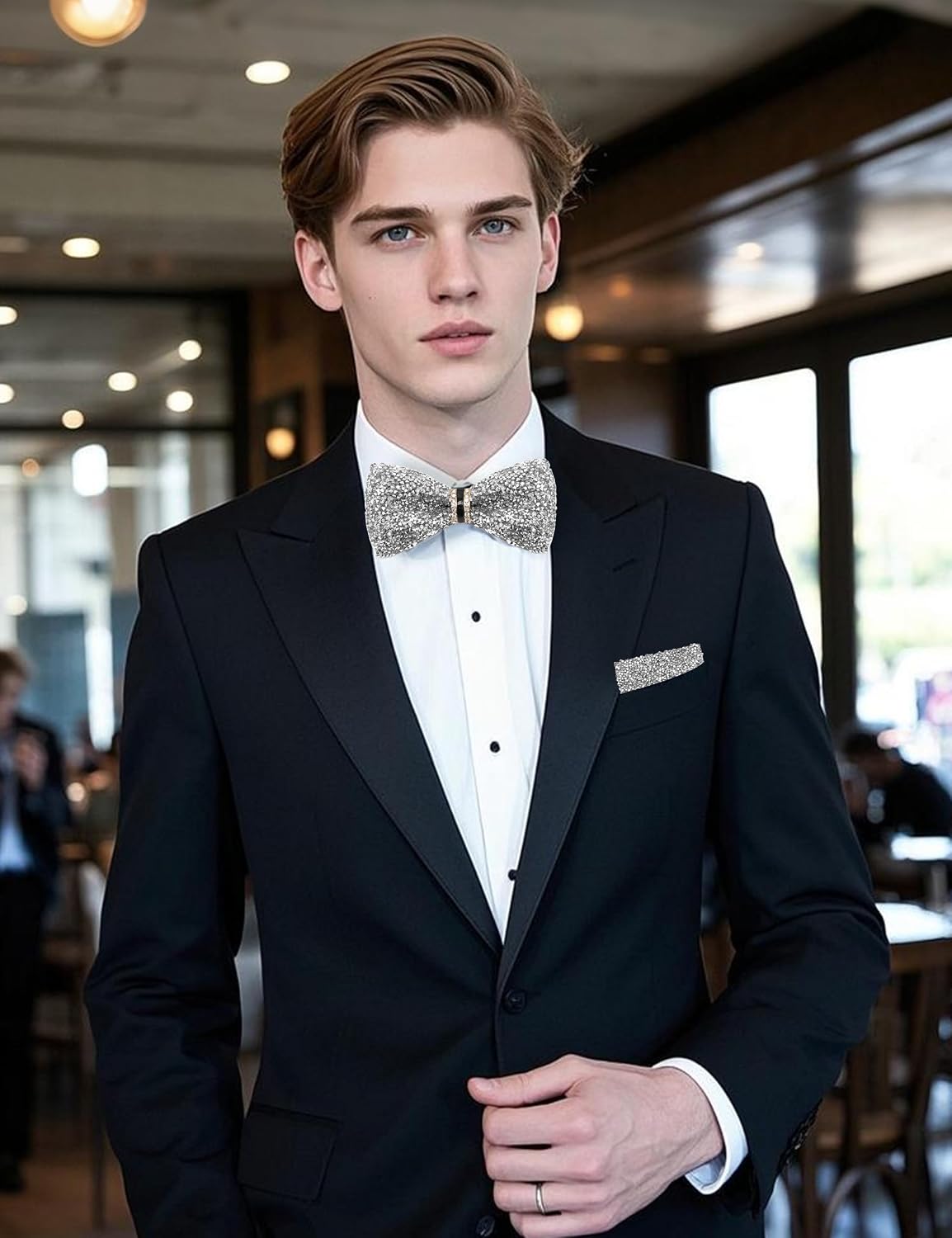 Rhinestone Mens Bow Tie Set, Pre-tied Bow Ties for men and Crystal Prefolded Pocket Squares for Prom Wedding Party