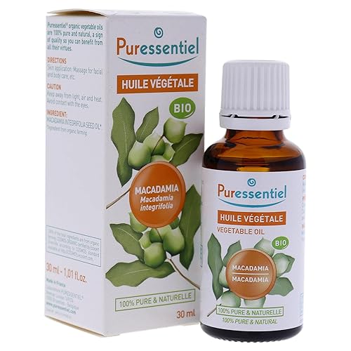 Puressentiel Aceite vegetal de macadamia orgánico, beneficia al cabello y la piel, 100% puro y natural, vegano, 1 onza líquida