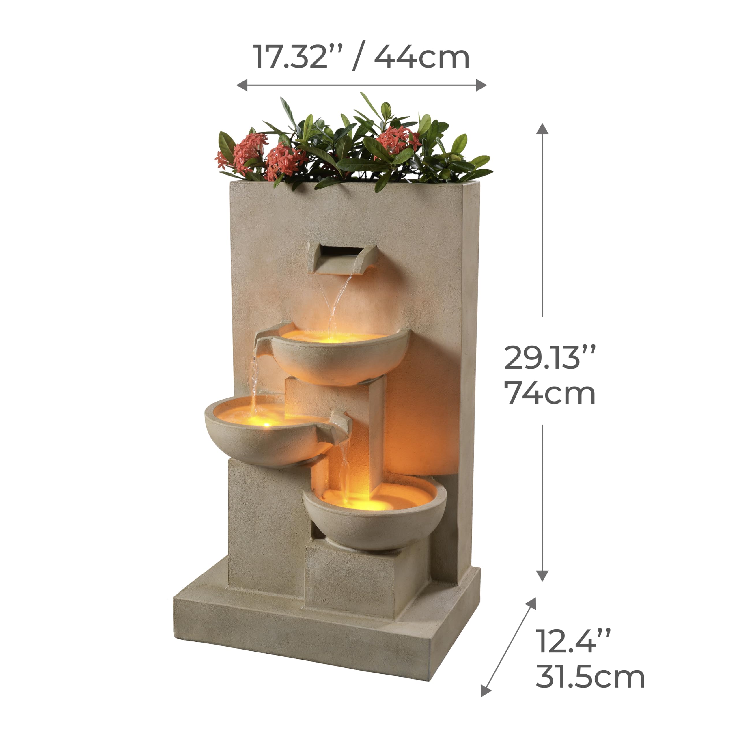 Teamson Home 74 cm 3-stufiger Kaskadierender Outdoor-Wasserbrunnen mit Pflanzgefäß, LED-Leuchten für Außenbereiche, Natur