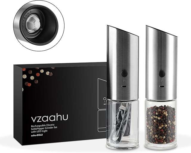 Vzaahu Electric Salt and Pepper Grinder Set of 2, Rechargeable USB, Adjustable Coarseness, Silver Color, Battery Operated, Electrical Spice Mills Shaker with Light