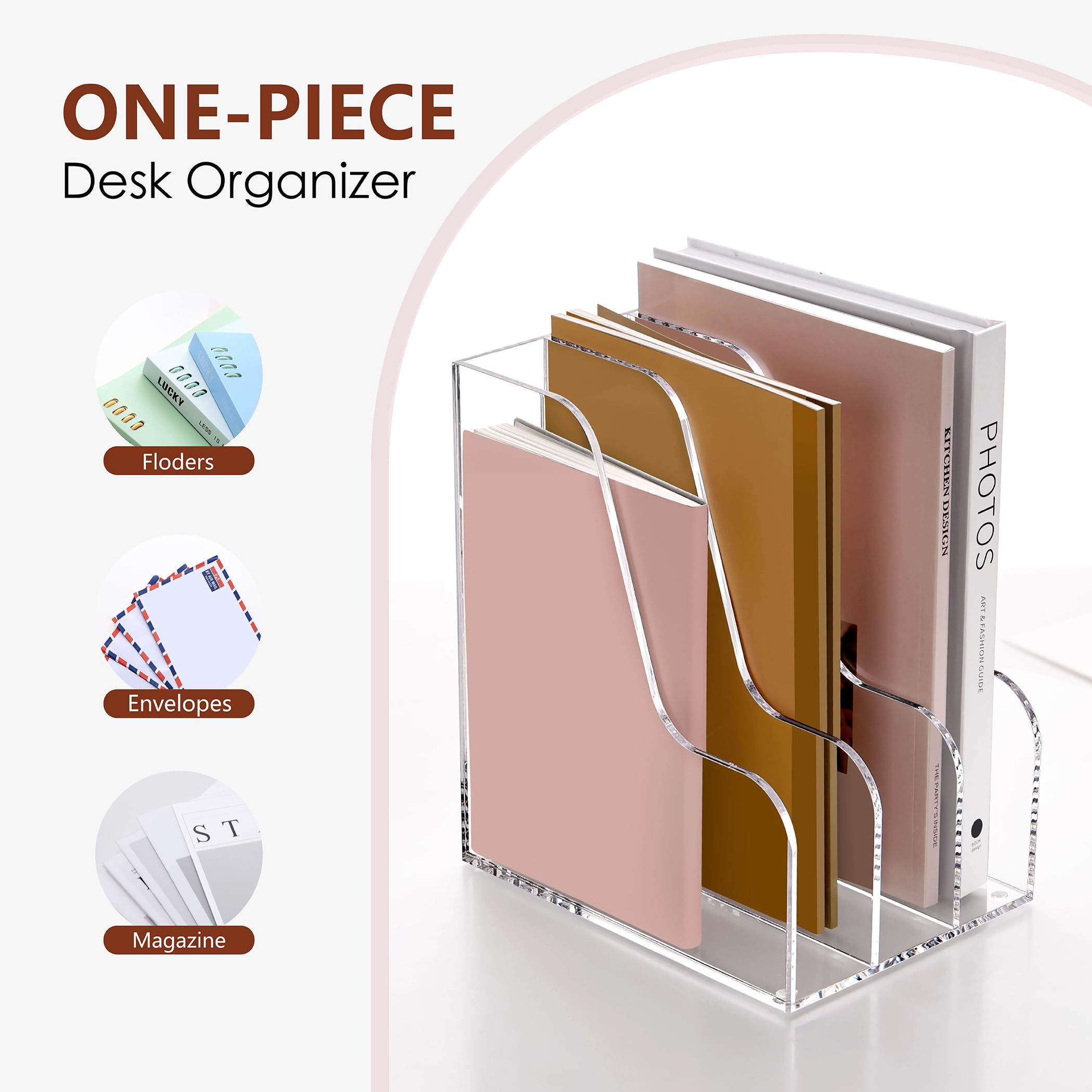 SANRUI Organizer da scrivania in acrilico, porta documenti e cartelle portadocumenti, organizer da scrivania a 3 sezioni, organizer per riviste per forniture per ufficio, trasparente