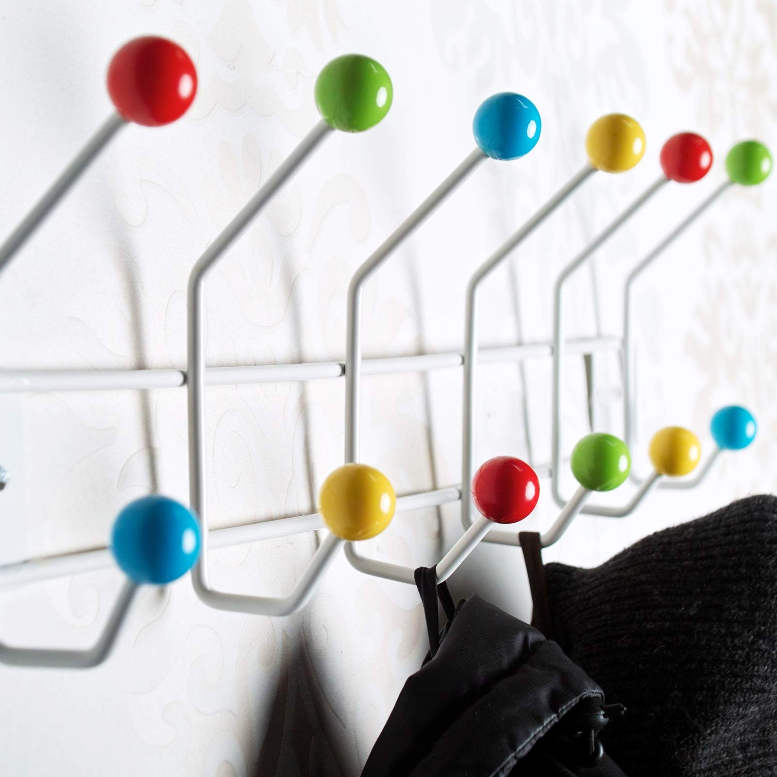DESIGN DELIGHTS GARDEROBENLEISTE Colour Ball | 50x15,5cm(LxH), Garderobe mit 12 Haken, Hakenleiste mit bunten Kugeln, farbenfrohe Wandgarderobe bunt | Farbe: Weiss-bunt