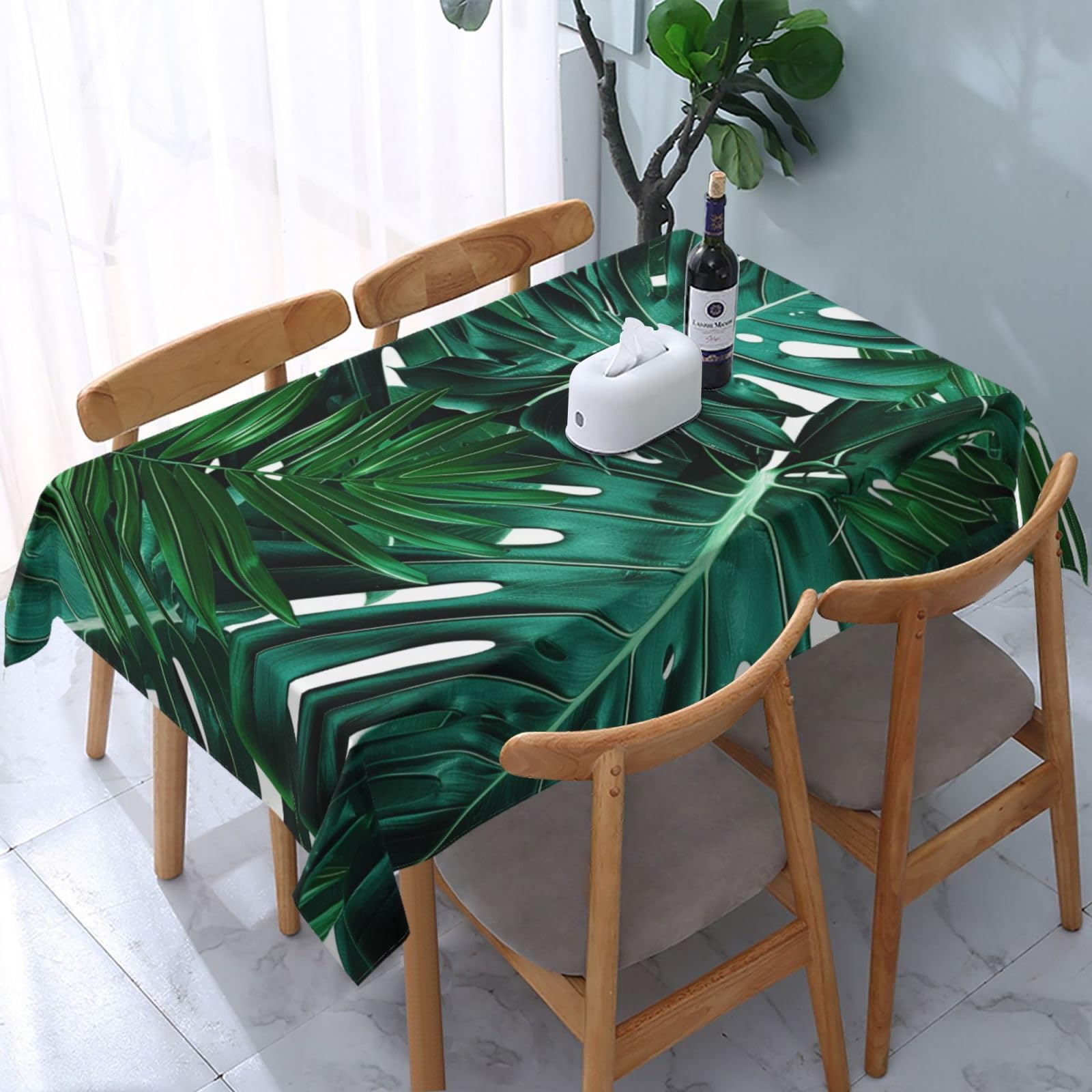 WPKJU Cute Green Palm Leaves Printed Tablecloth Water Resistant Table Cover Washable Rectangle Table Cloth for Tables 54x72 in