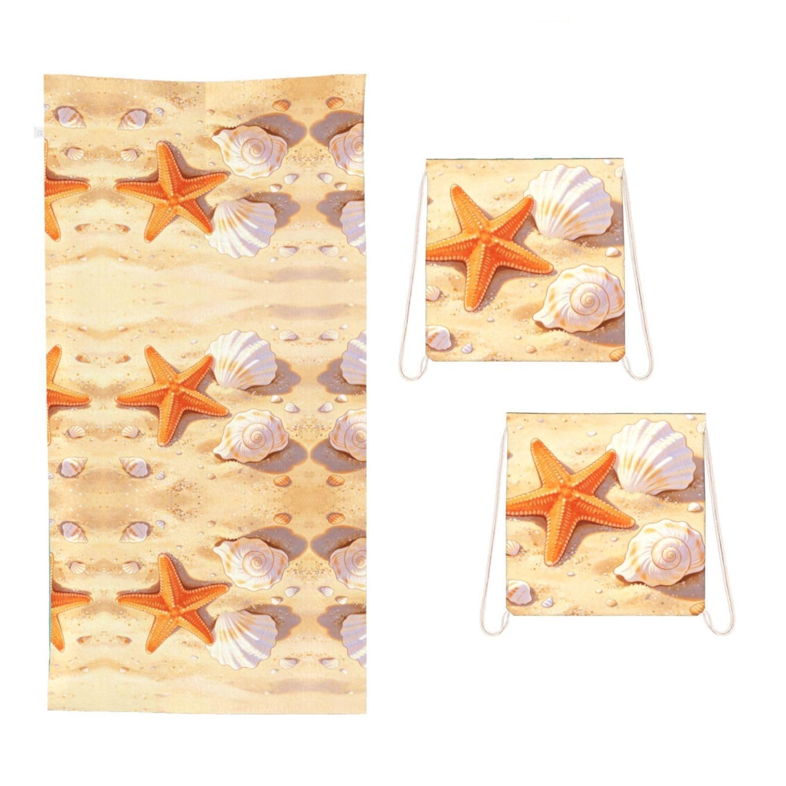 CNTDBU Starfish Seashell Art 2 in 1 Packable Towel Bag-Large Beach Towel with Stuff Sack, Super Absorbent Microfiber Travel Towel for Pool