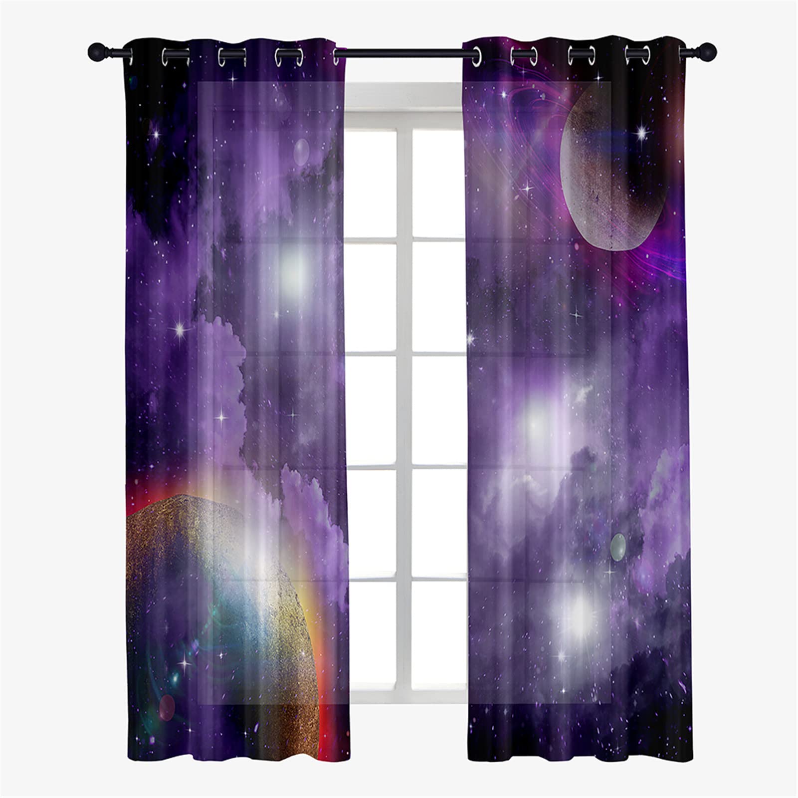 Hiseng Voile Curtains 63/72/84/96 Drop Pair, Galaxy Sheer Voile Curtain Elegant Eyelets Curtains Transparent Window Drapes for Living Room Balcony Bedroom, 2 Panels (55x95cm,Rainbow)