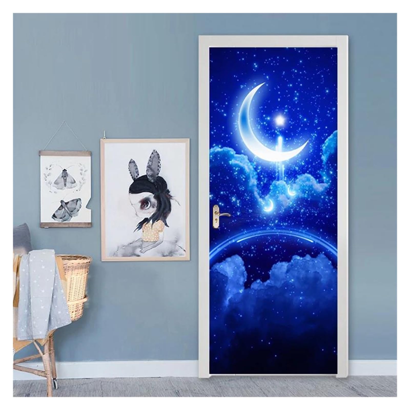Sticker de porte pour masquer les imperfections avec un décor lune étoilée