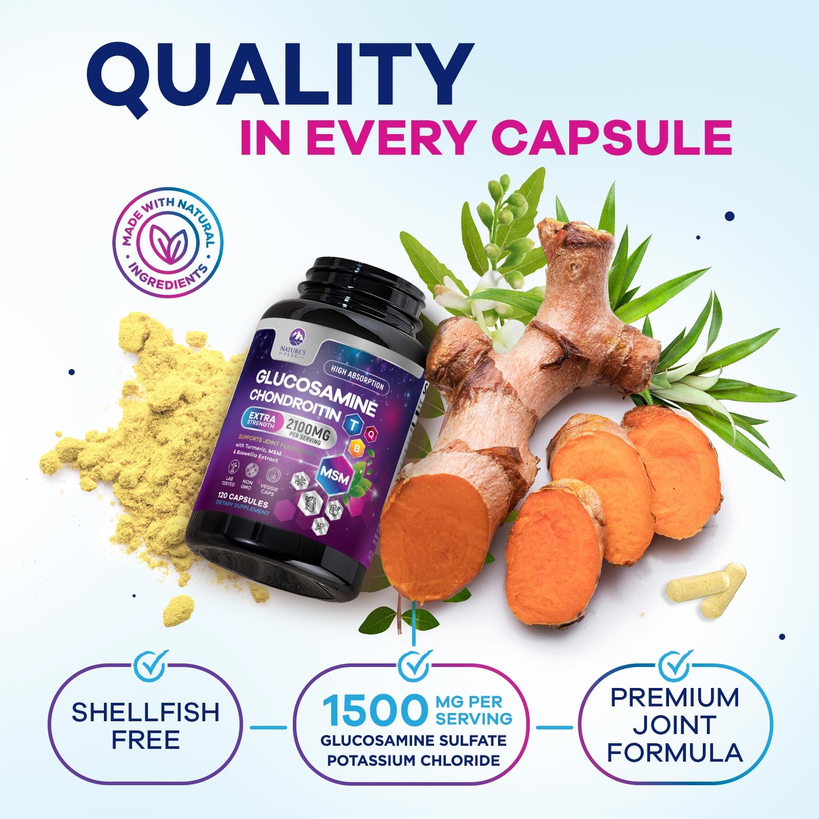 Glucosamine Chondroitin MSM 2100mg - 3X Strength Joint Support Supplement with Turmeric, Glucosamine & Boswellia - Nature's Cartilage, Mobility & Flexibility Support - Bottled in USA - 120 Capsules — Amazon image 3