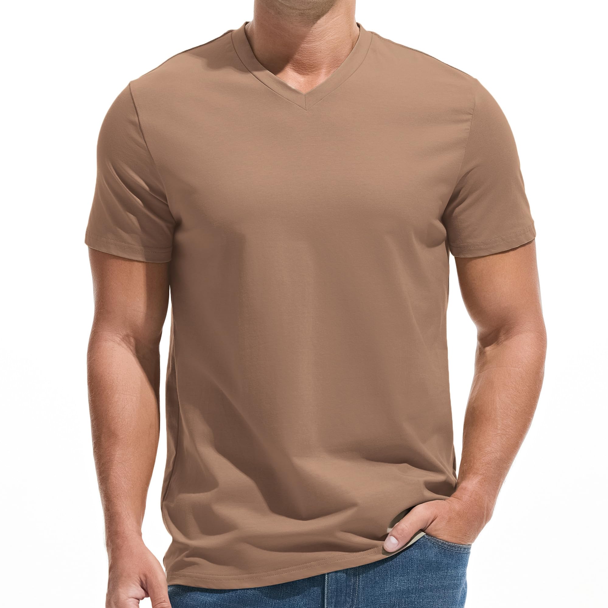 VEIISAR Herren V-Ausschnitt T-Shirt, 190g/m², Regular Fit, einfarbig, Stretch Material, weiches Basic Shirt