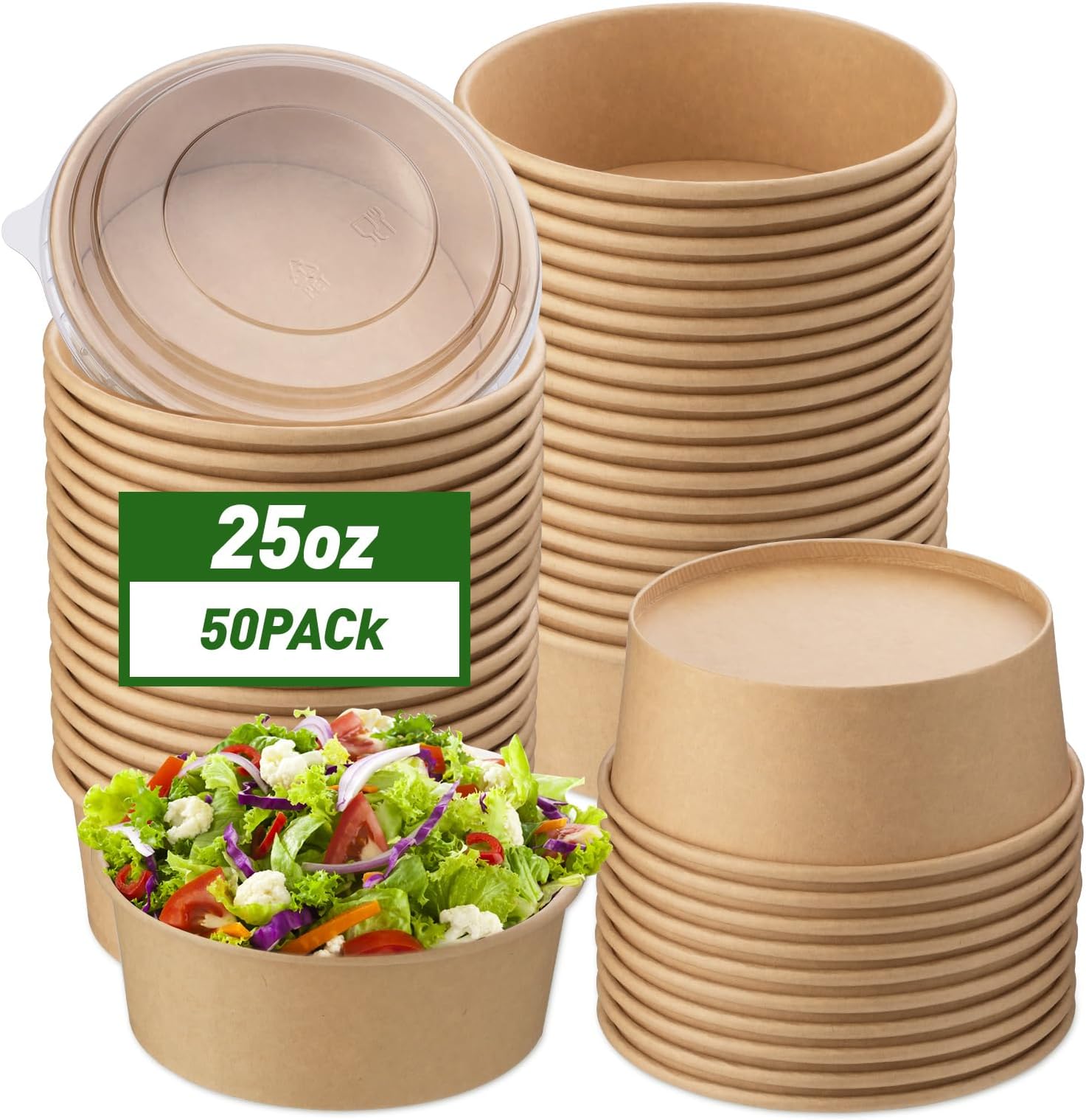 Wuadua 25oz/750ml 50 Pack Disposable Paper Bowls with Lids, Disposable Salad Bowls with Lids Meal Prep Containers for Hot Soup, Kraft Paper Round Bowl for Stews Salad Frozen Dessert Yogurt Ice Cream