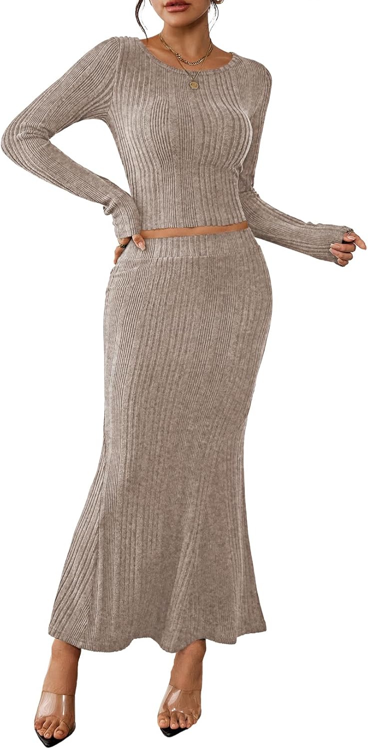 HUUSA Skirt Sets for Women 2 Piece Outfits 2026 Fall Crop Top Maxi Skirt Set Going Out Dress Trendy